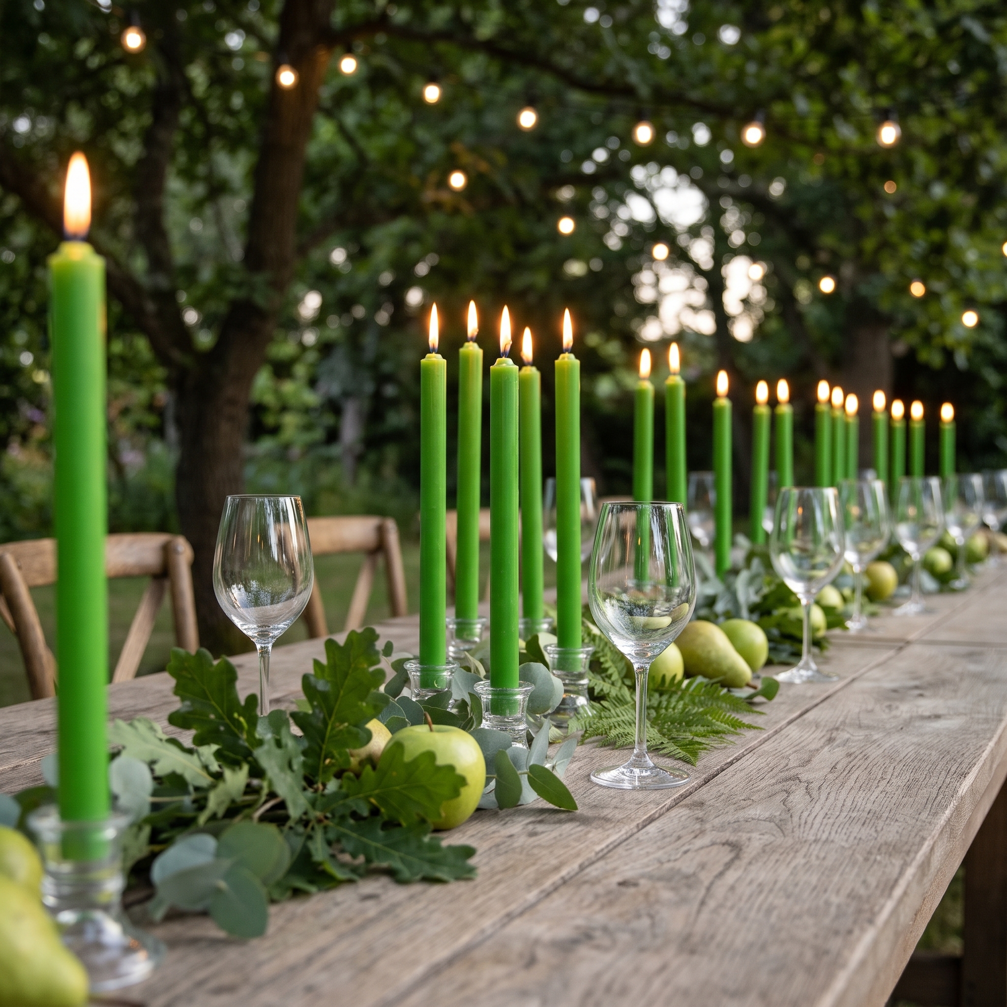 Grüne durchgefärbte Stabkerzen auf langer Holztafel im Freien, in Glaskerzenhaltern zwischen Weingläsern, frischen Äpfeln, Birnen und Blättern als Tischdekoration, im Hintergrund beleuchtete Bäume mit Lichterketten