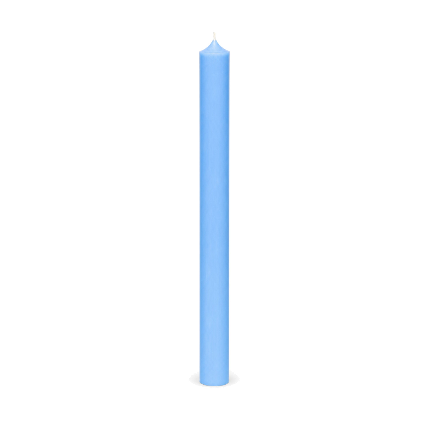 Hellblaue Stabkerze 250 x 22 mm, einzeln auf weißem Hintergrund.