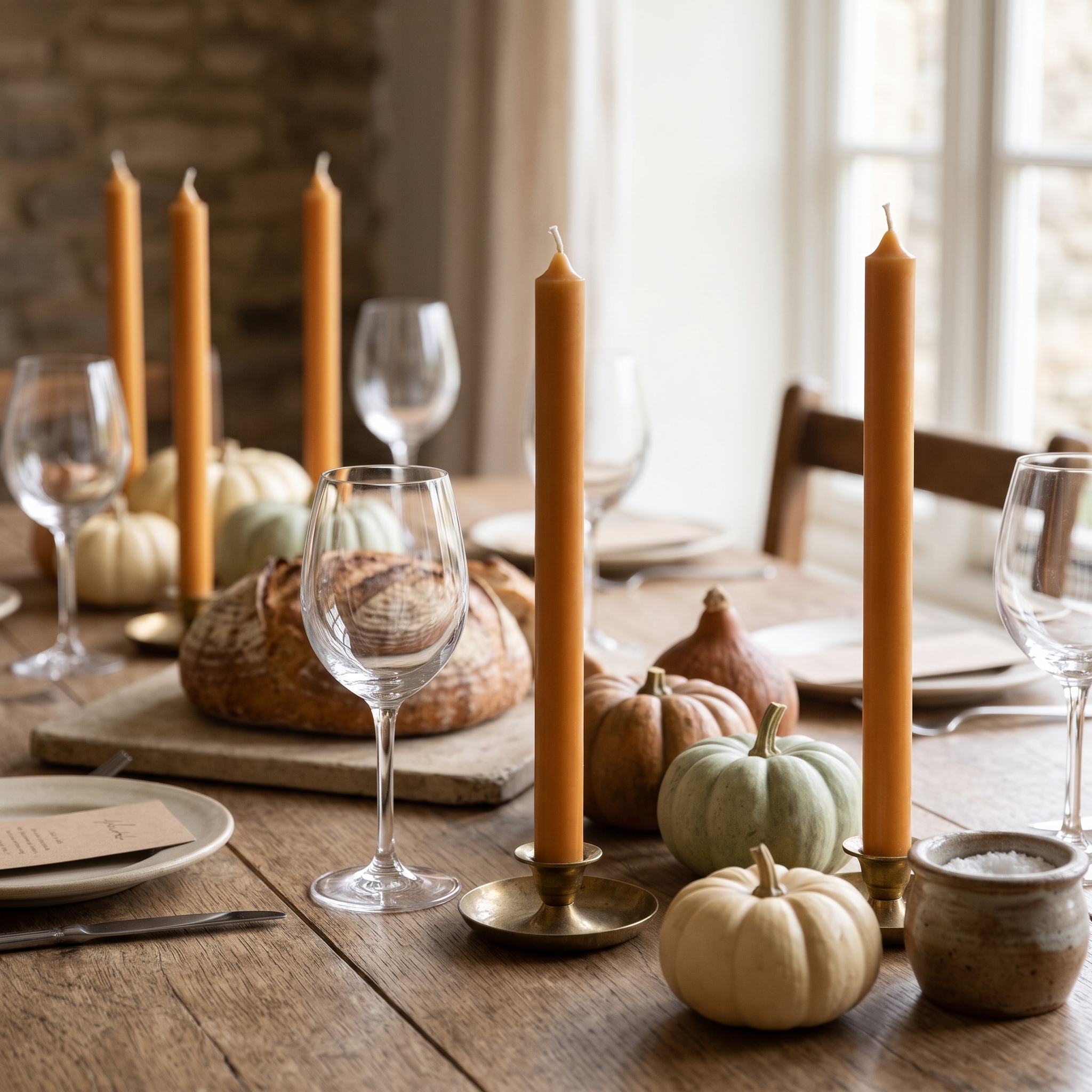 Zwei honiggelbe Stabkerzen in goldenen Kerzenhaltern auf einem herbstlich gedeckten Holztisch mit Kürbissen, Weingläsern und einem Brotlaib.