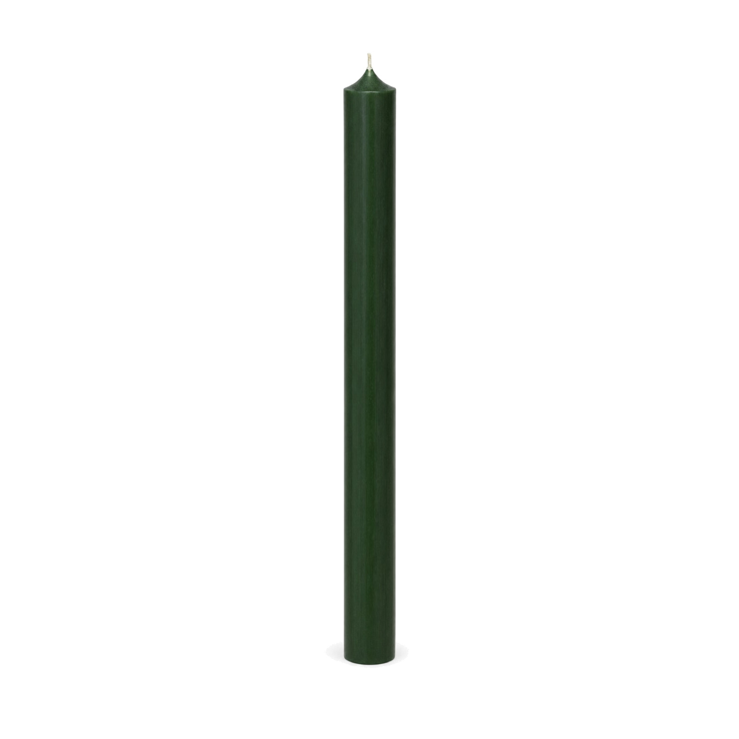 Kieferngrüne Stabkerze 250 x 22 mm, einzeln auf weißem Hintergrund.