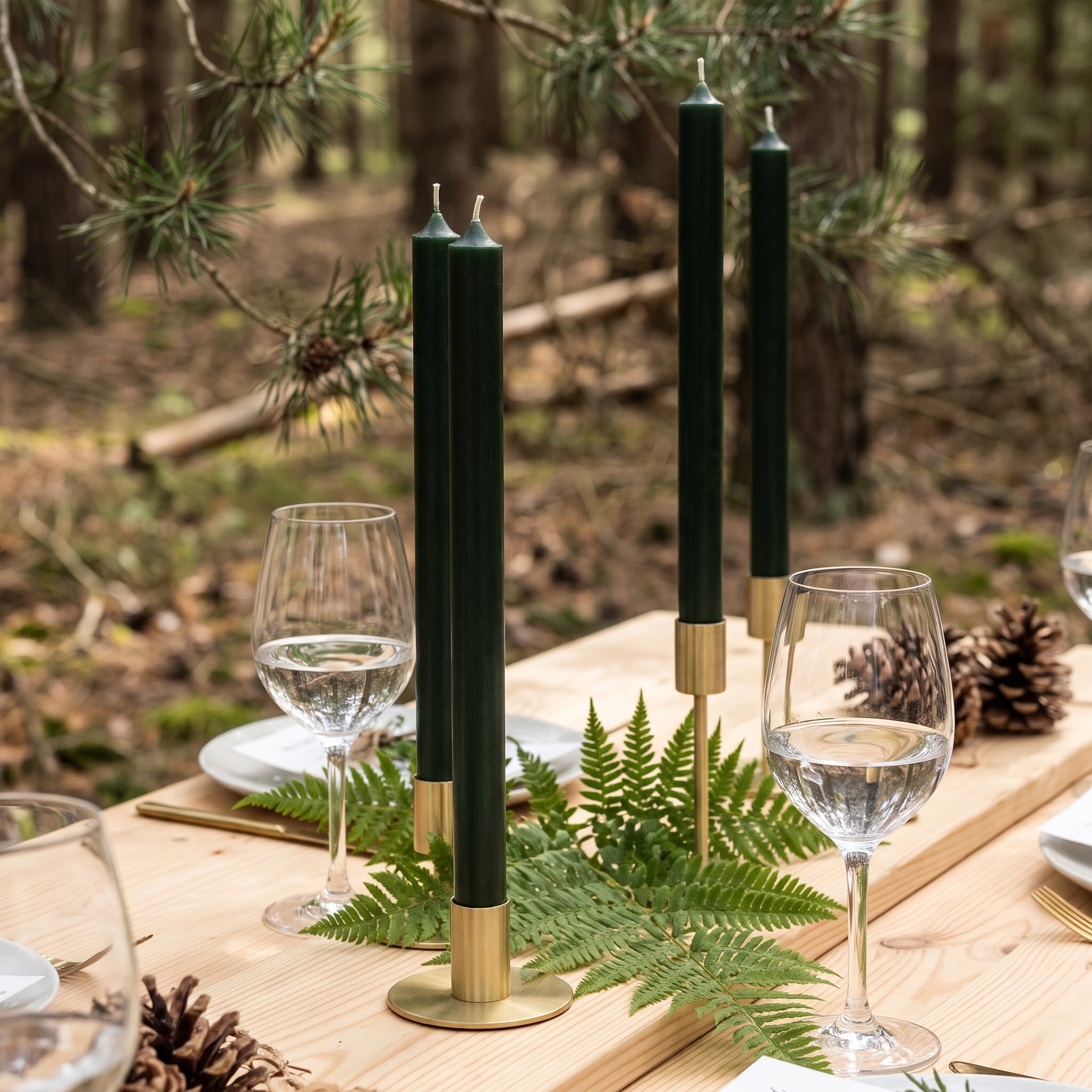 Dunkelgrüne Stabkerzen 22mm in goldenen Kerzenhaltern auf einem Holztisch im Wald, dekoriert mit Farnblättern und Tannenzapfen