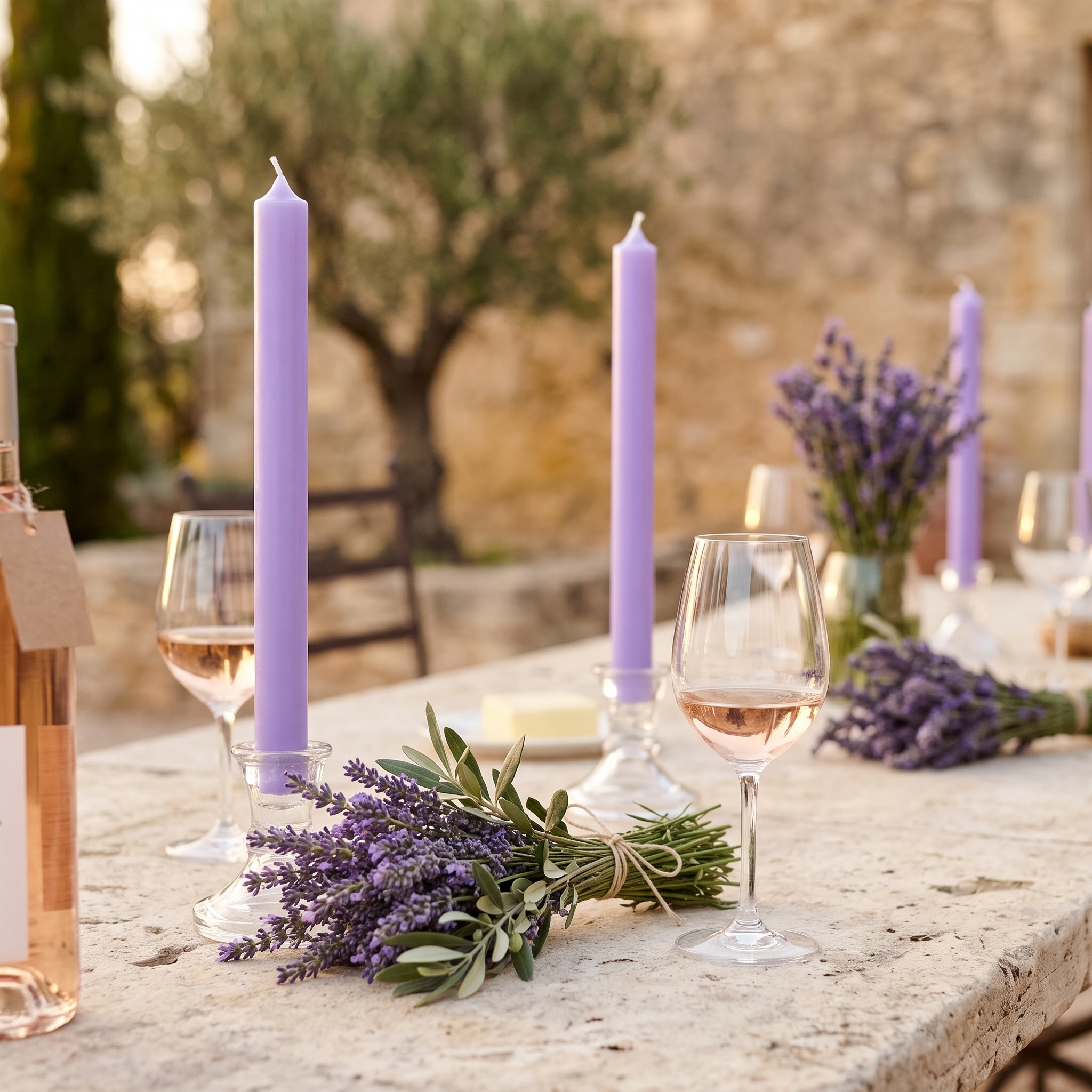 Lavendelfarbene Stabkerzen 22 mm in Glashaltern auf einem sommerlich gedeckten Steintisch mit Lavendelsträußen und Roséweingläsern