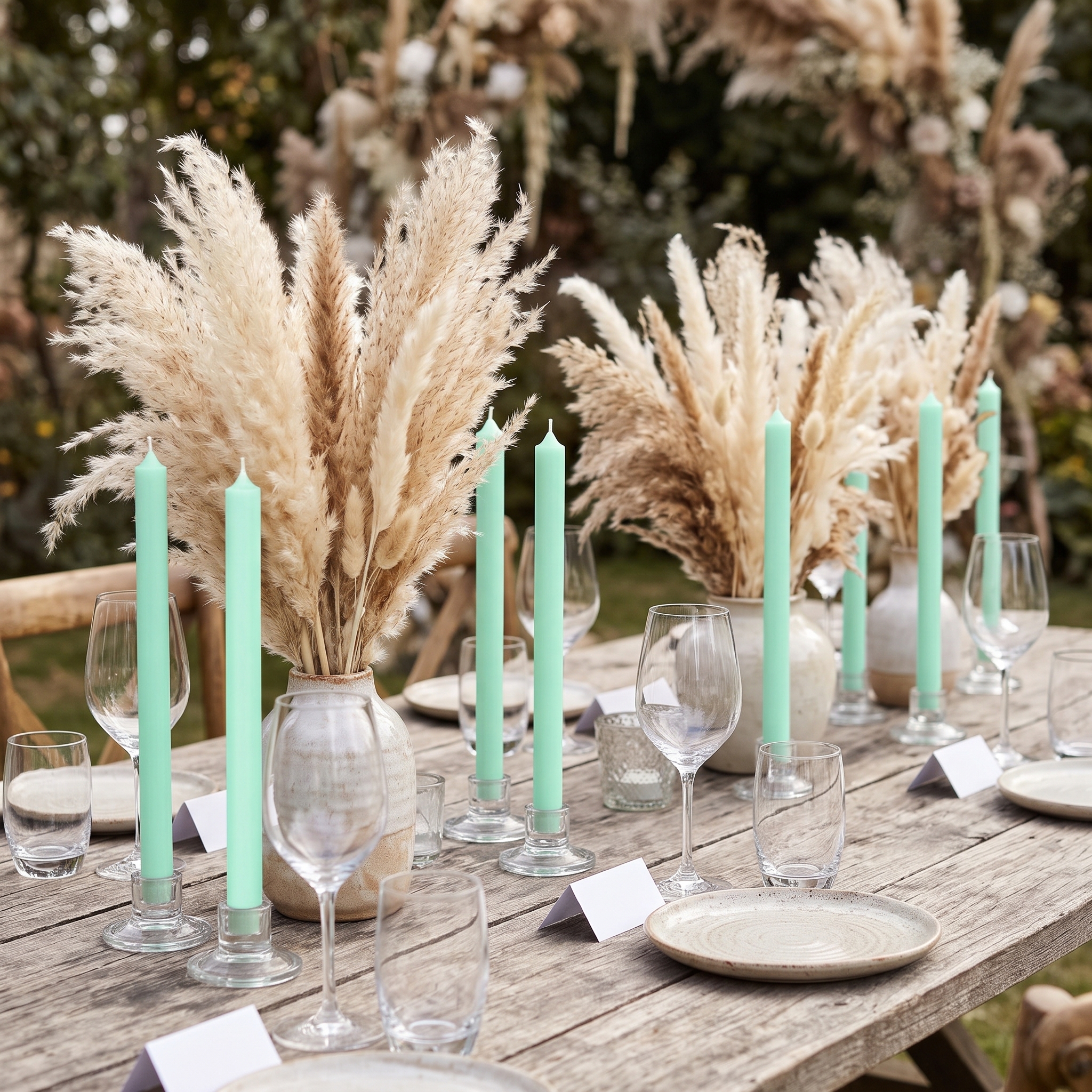 Mintgrüne Stabkerzen in Glas-Kerzenhaltern auf einem rustikalen Holztisch mit Pampasgras-Arrangements und Weingläsern als Outdoor-Tischdekoration