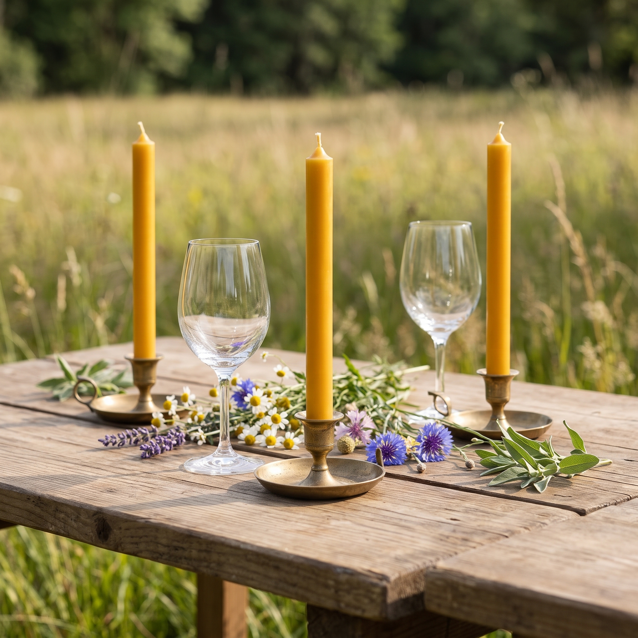 Drei goldgelbe Stabkerzen (22 mm) in goldenen Kerzenhaltern auf einem rustikalen Holztisch im Freien, dekoriert mit Wildblumen und zwei Weingläsern, sommerliche Wiese im Hintergrund.