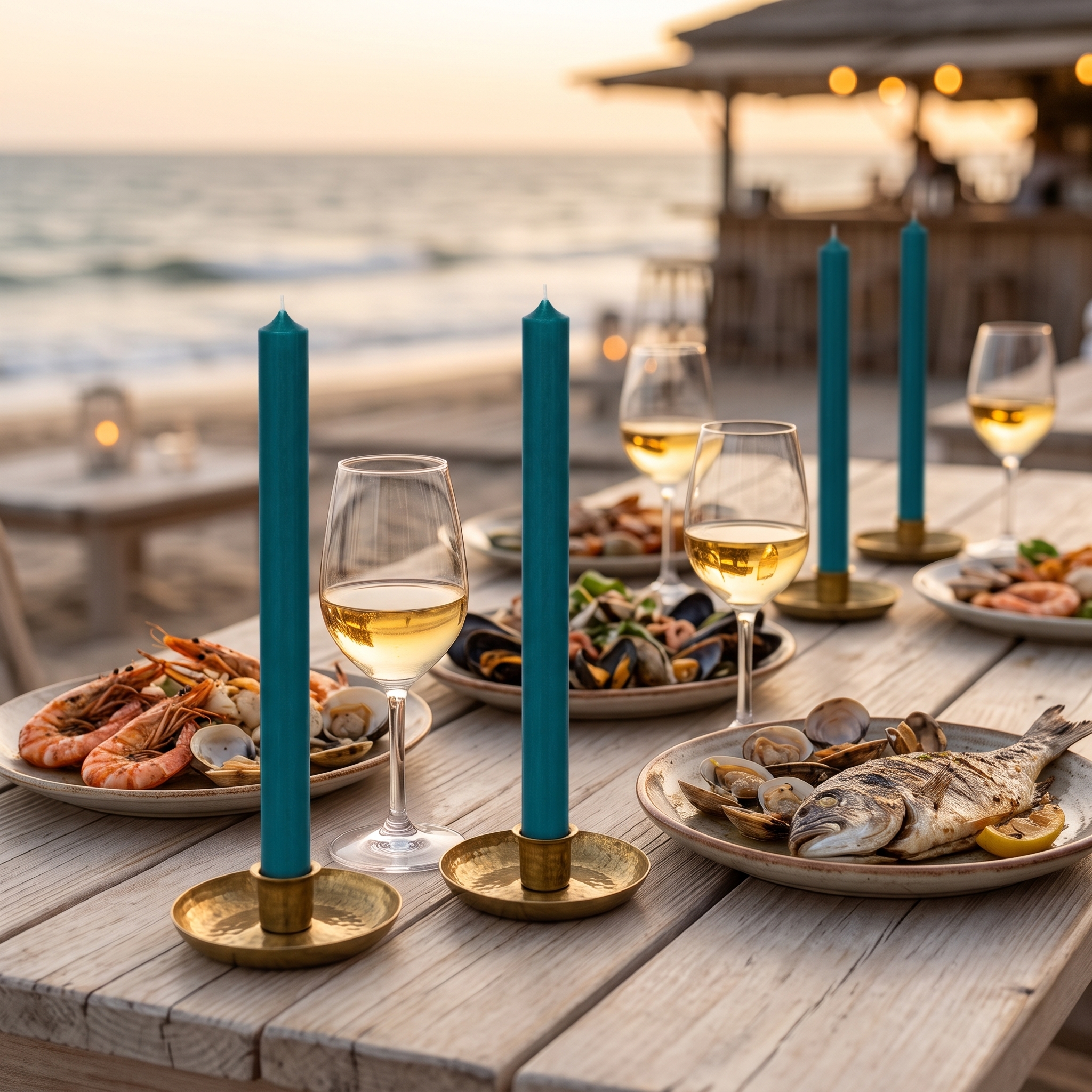 Türkisfarbene Stabkerzen auf goldenen Kerzenhaltern, auf einem Holztisch am Strand mit Meeresfrüchten und Weißwein beim Sonnenuntergang