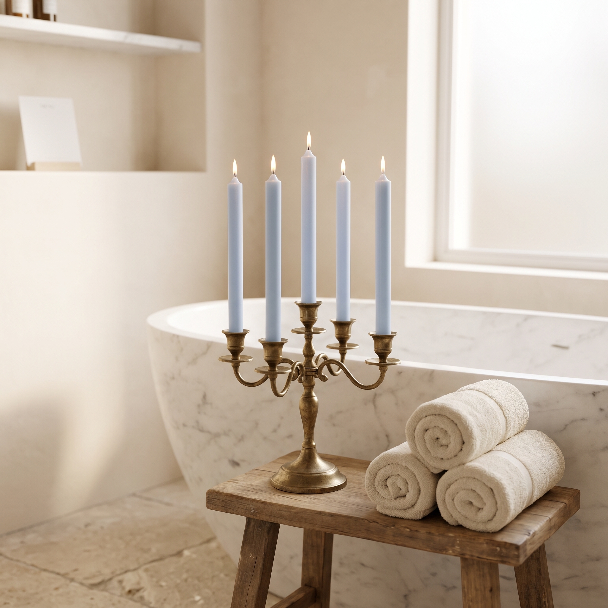 Fünf hellblaue Stabkerzen (22 mm) brennend in einem goldenen Messingkandelaber auf einem rustikalen Holzhocker, daneben drei gerollte cremefarbene Handtücher, im Hintergrund eine freistehende Marmorbadewanne.