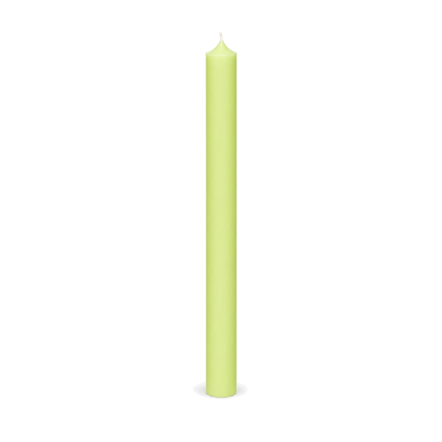 Pastellgrüne Stabkerze 250 x 22 mm, einzeln auf weißem Hintergrund.