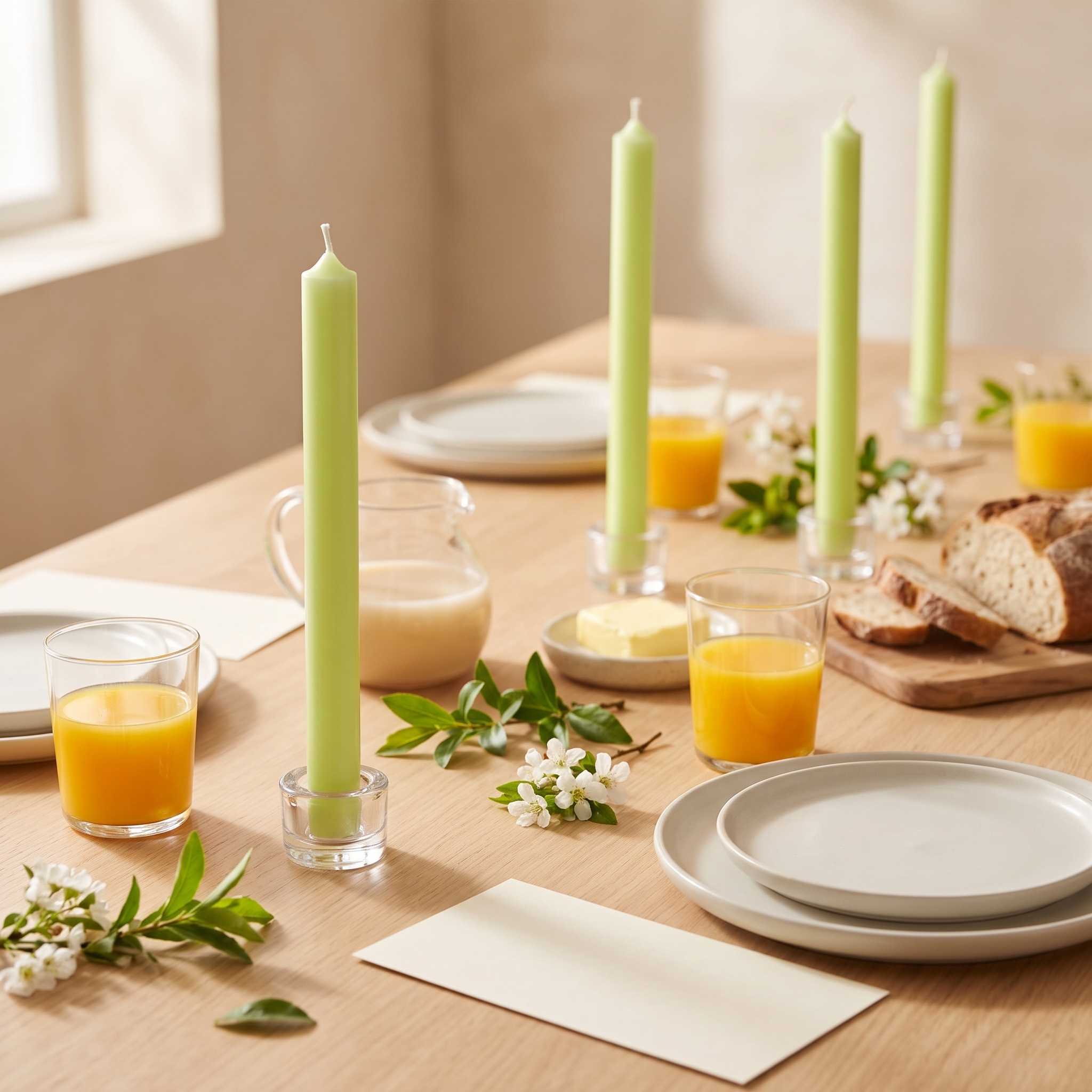 Hellgrüne Stabkerzen in Glaskerzenhaltern auf gedecktem Frühstückstisch mit Orangensaft, Brot und weißen Blüten