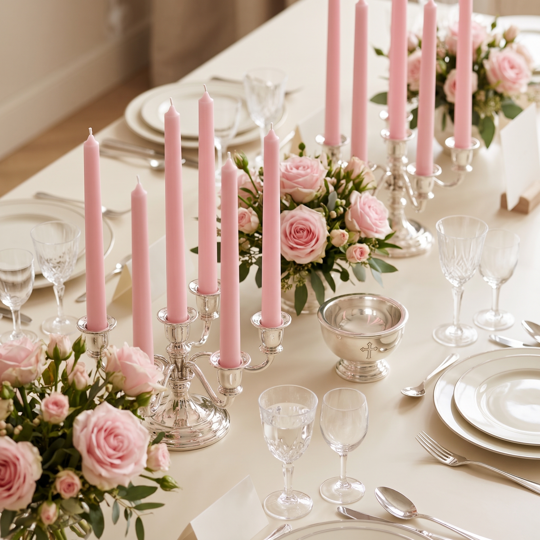 Rosa Stabkerzen 22mm in silbernen Kerzenhaltern auf festlich gedecktem Tisch mit rosa Rosen und Kristallgläsern