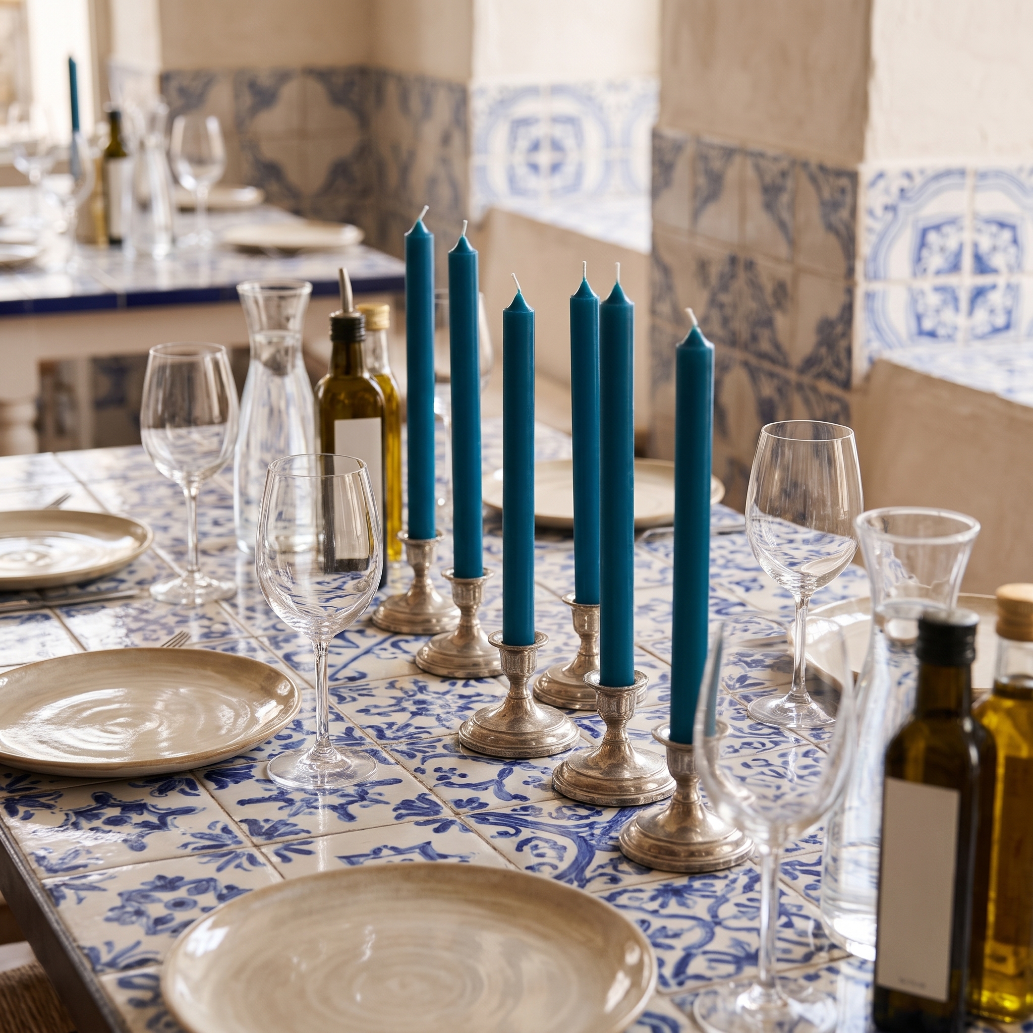 Fünf türkisblaue Stabkerzen in silbernen Kerzenhaltern auf einem blau-weiß gefliesten Tisch, dekoriert mit Weingläsern und Olivenölflaschen.