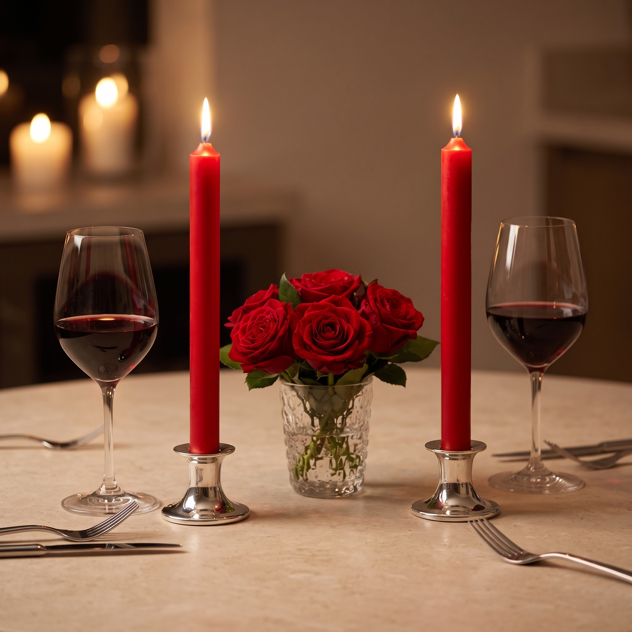 Zwei brennende rote Stabkerzen in silbernen Kerzenhaltern auf gedecktem Tisch mit roten Rosen und Rotwein