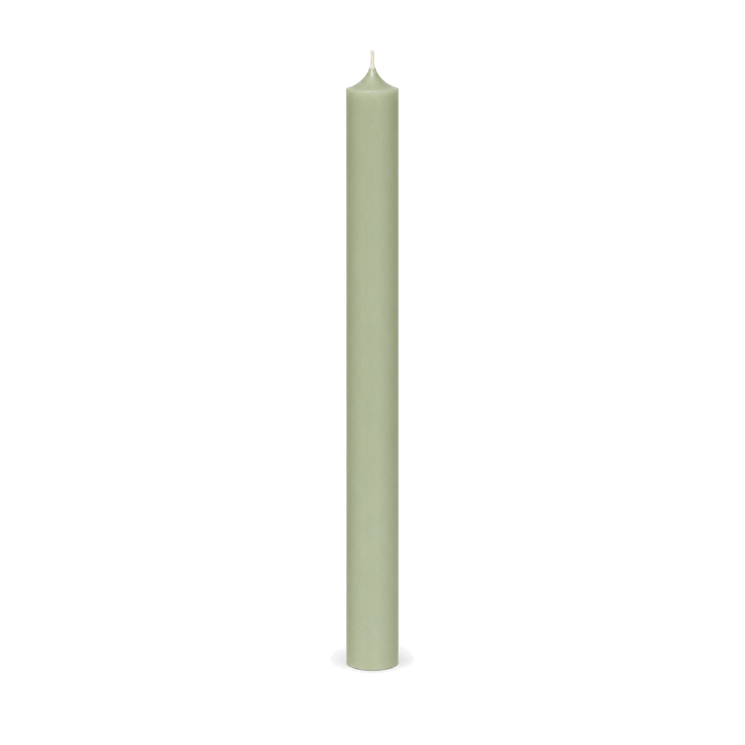Salbeifarbene Stabkerze 250 x 22 mm, einzeln auf weißem Hintergrund.