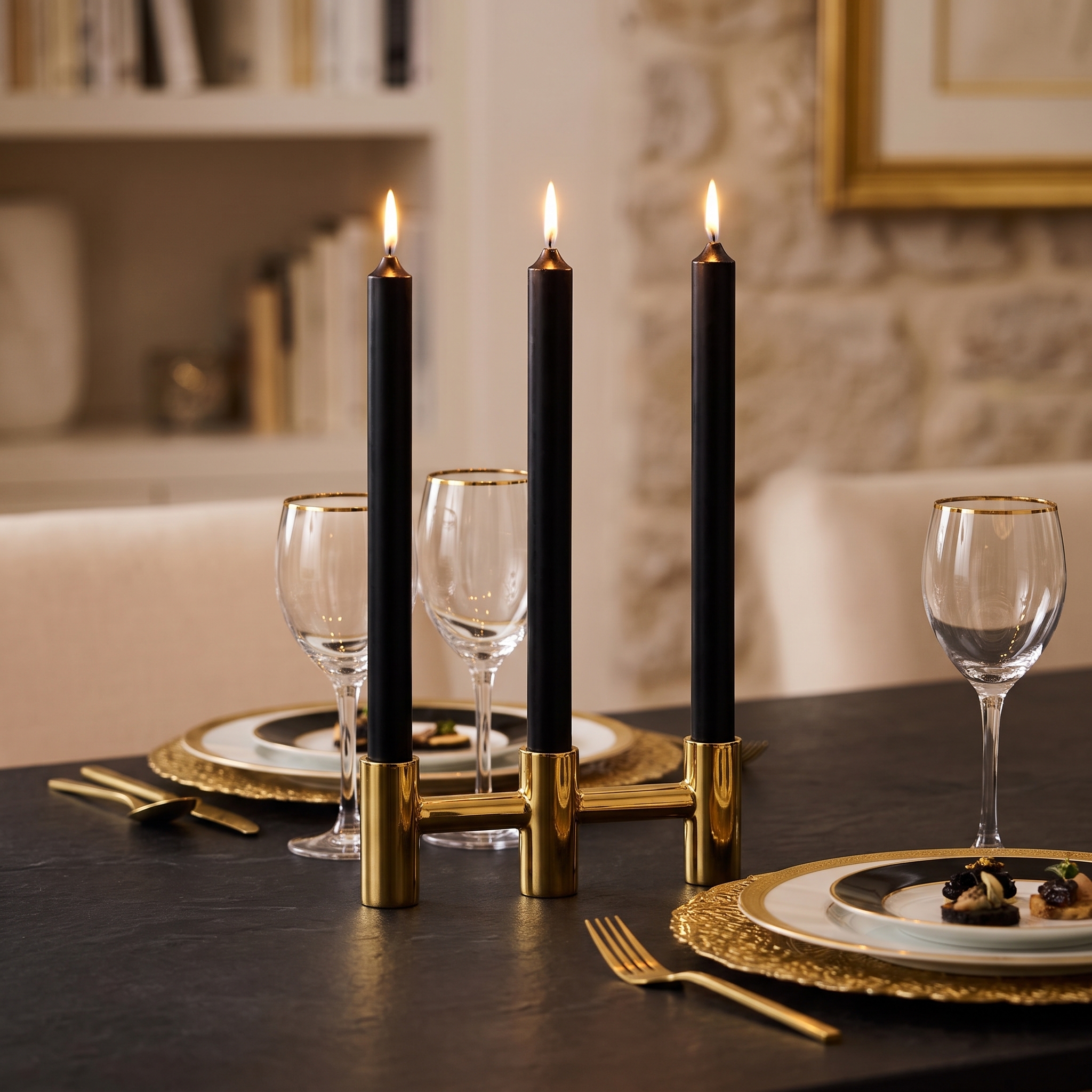 Drei brennende schwarze Stabkerzen (22 mm) in goldenem Dreikerzenhalter auf gedecktem Esstisch mit goldenen Tellern und Weingläsern