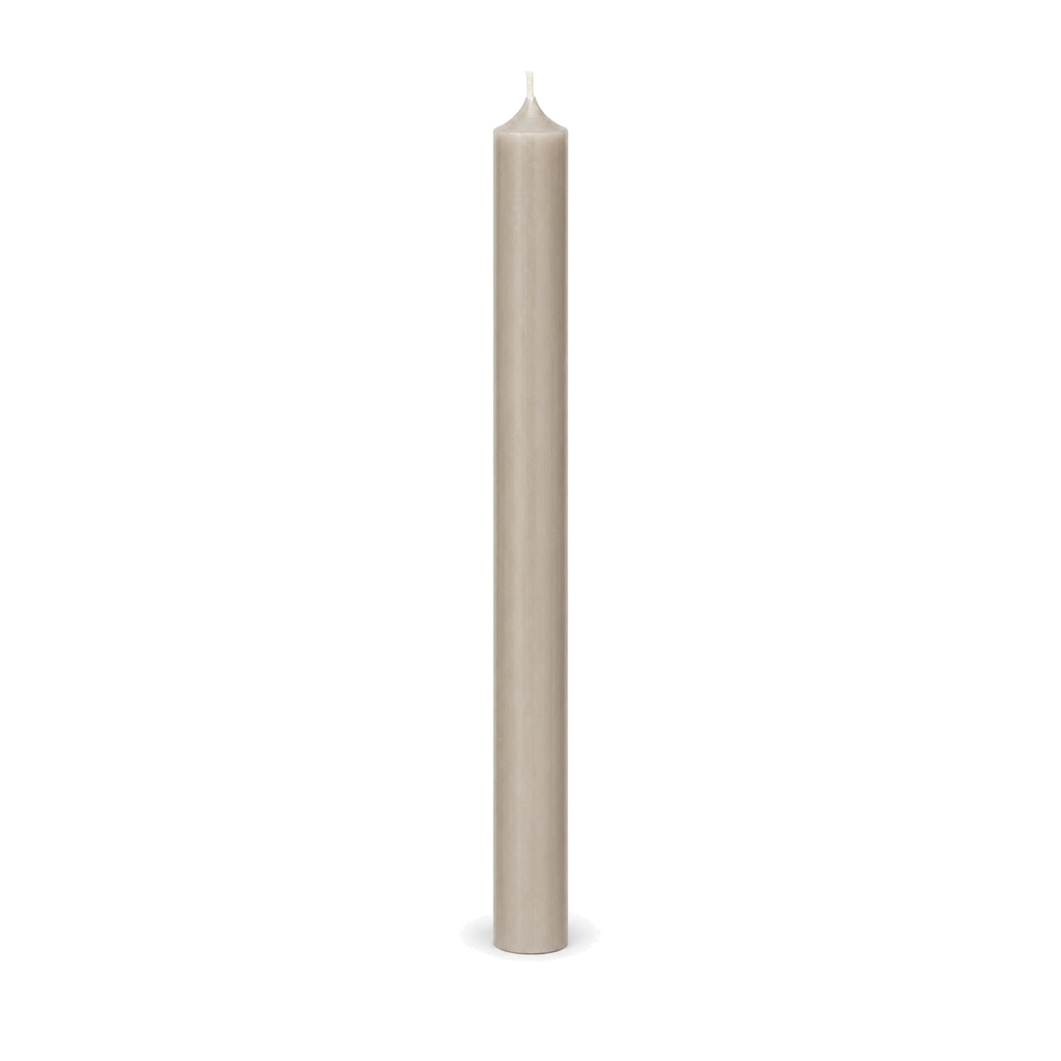 Taupefarbene Stabkerze 250 x 22 mm, einzeln auf weißem Hintergrund.