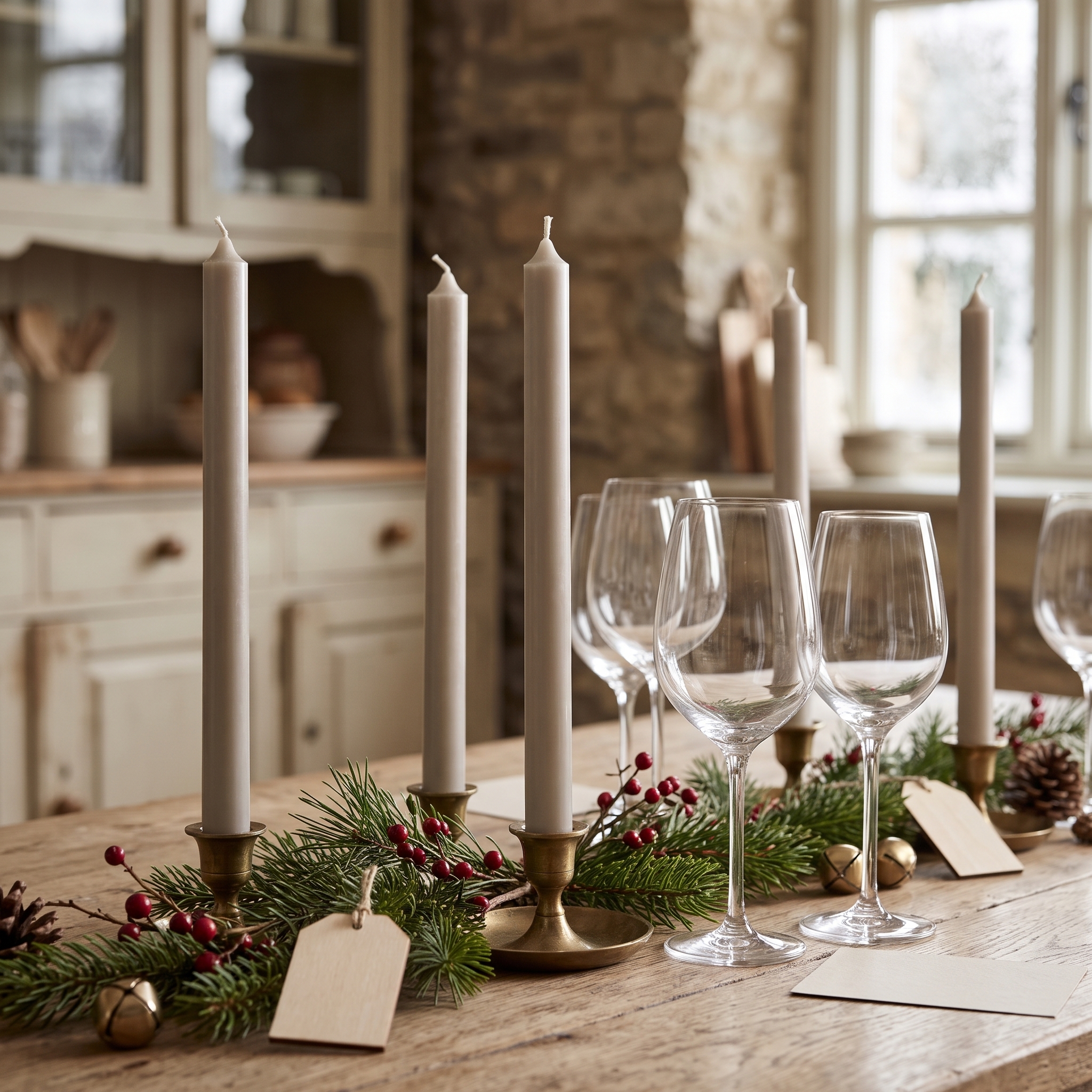 Vier greige Stabkerzen (22 mm) in goldenen Kerzenhaltern auf weihnachtlich dekoriertem Holztisch mit Tannenzweigen, roten Beeren, Tischkarten und Weingläsern