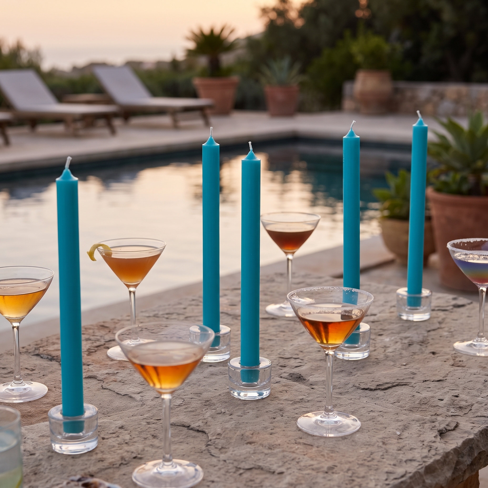 Türkise lange Stabkerzen (22 mm) in transparenten Glas-Kerzenhaltern auf einer Steinmauer am Pool, dekoriert mit verschiedenen Cocktailgläsern bei Abenddämmerung