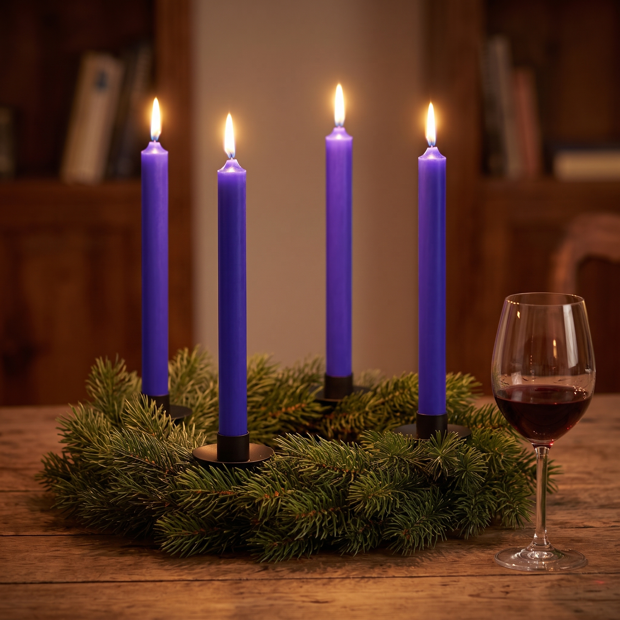 Vier lila durchgefärbte Stabkerzen (22 mm) brennen auf einem Adventskranz mit Tannenzweigen und schwarzen Kerzenhaltern auf einem Holztisch.