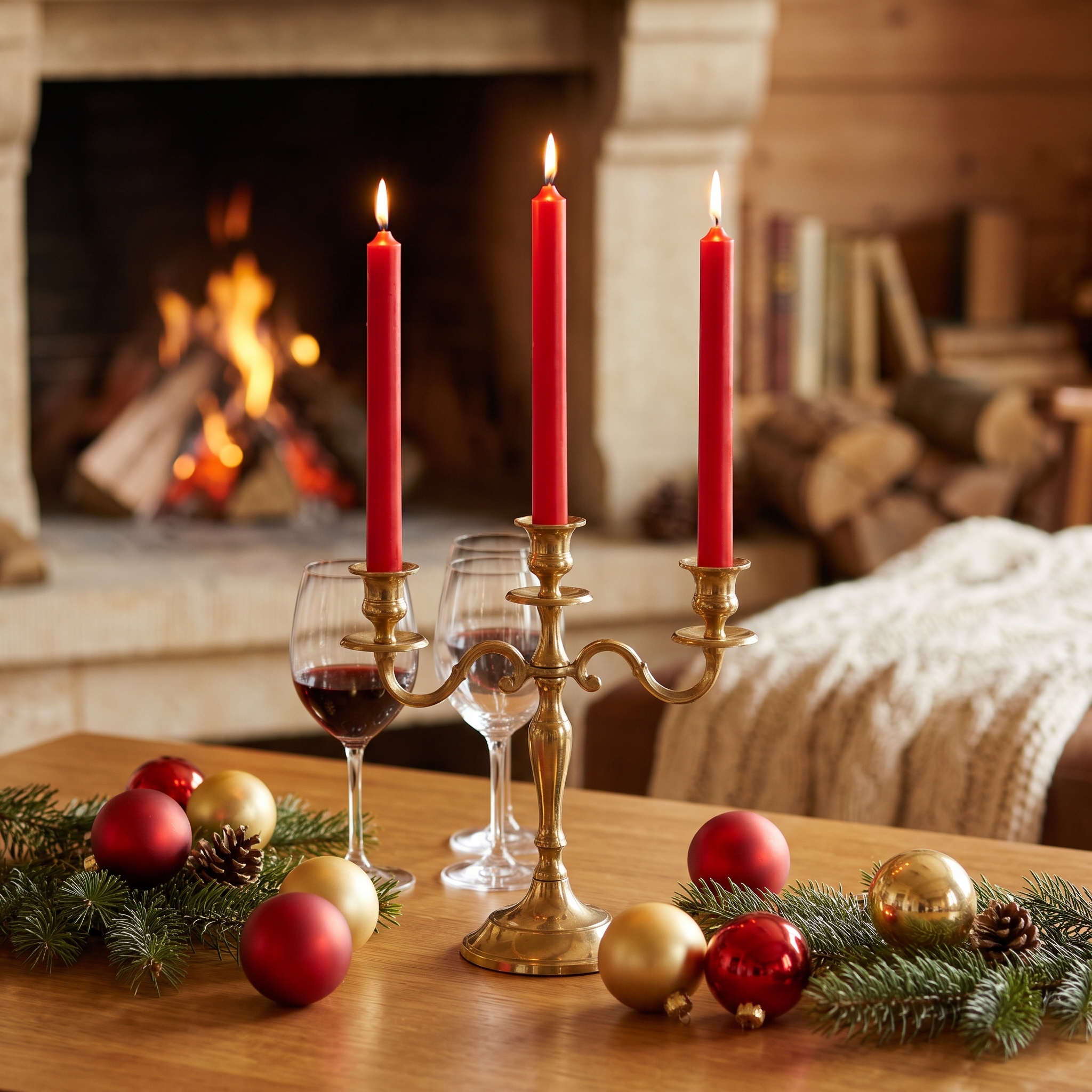 Drei rote durchgefärbte Stabkerzen (22 mm) in goldenem dreiarmigem Kerzenständer auf Holztisch mit weihnachtlicher Tannenzweig-Dekoration, roten und goldenen Kugeln sowie Rotweingläsern; im Hintergrund ein brennender Kamin.