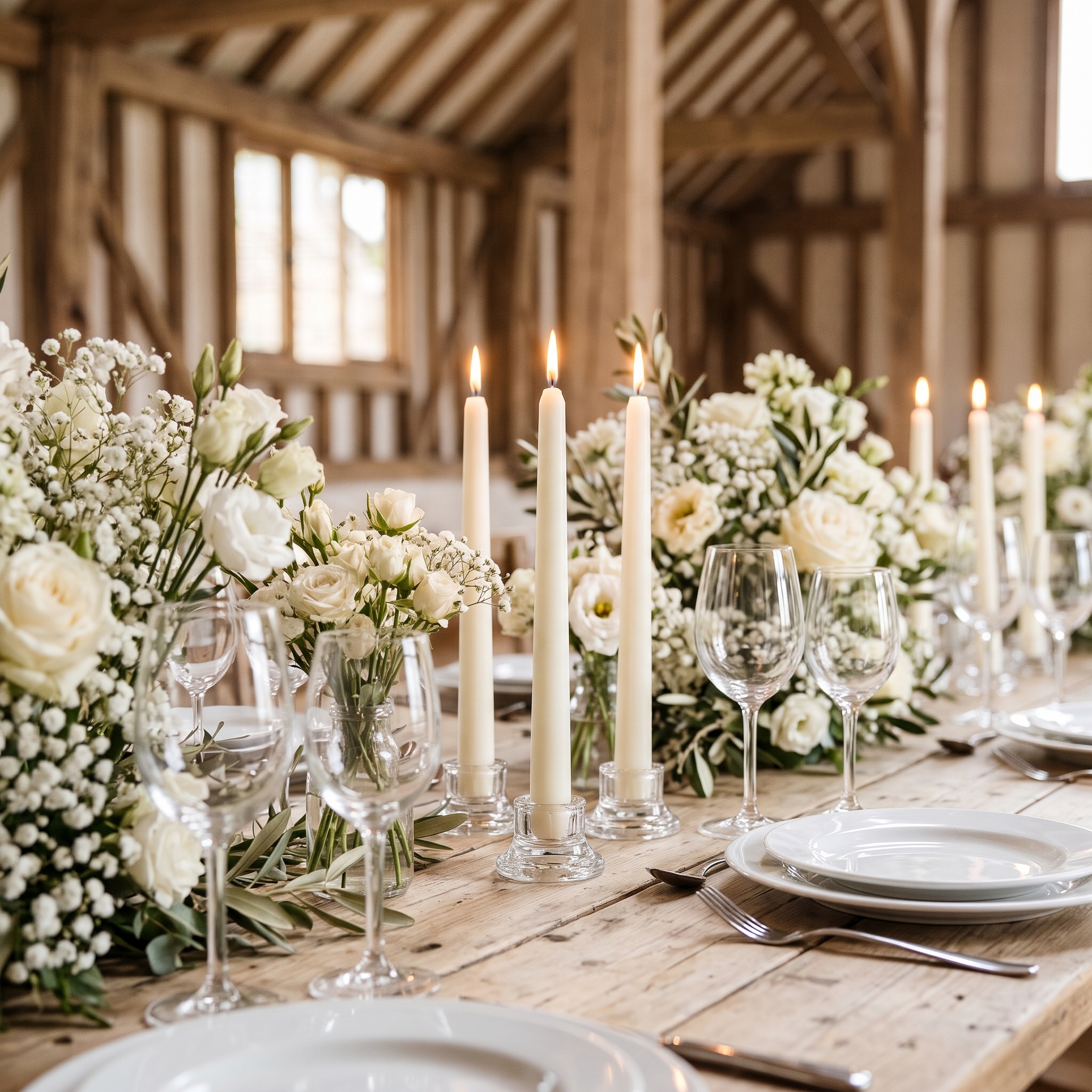 Elfenbeinfarbene Stabkerzen auf einem festlich gedeckten Holztisch in einer rustikalen Scheune, umgeben von weißen Rosen und Schleierkraut