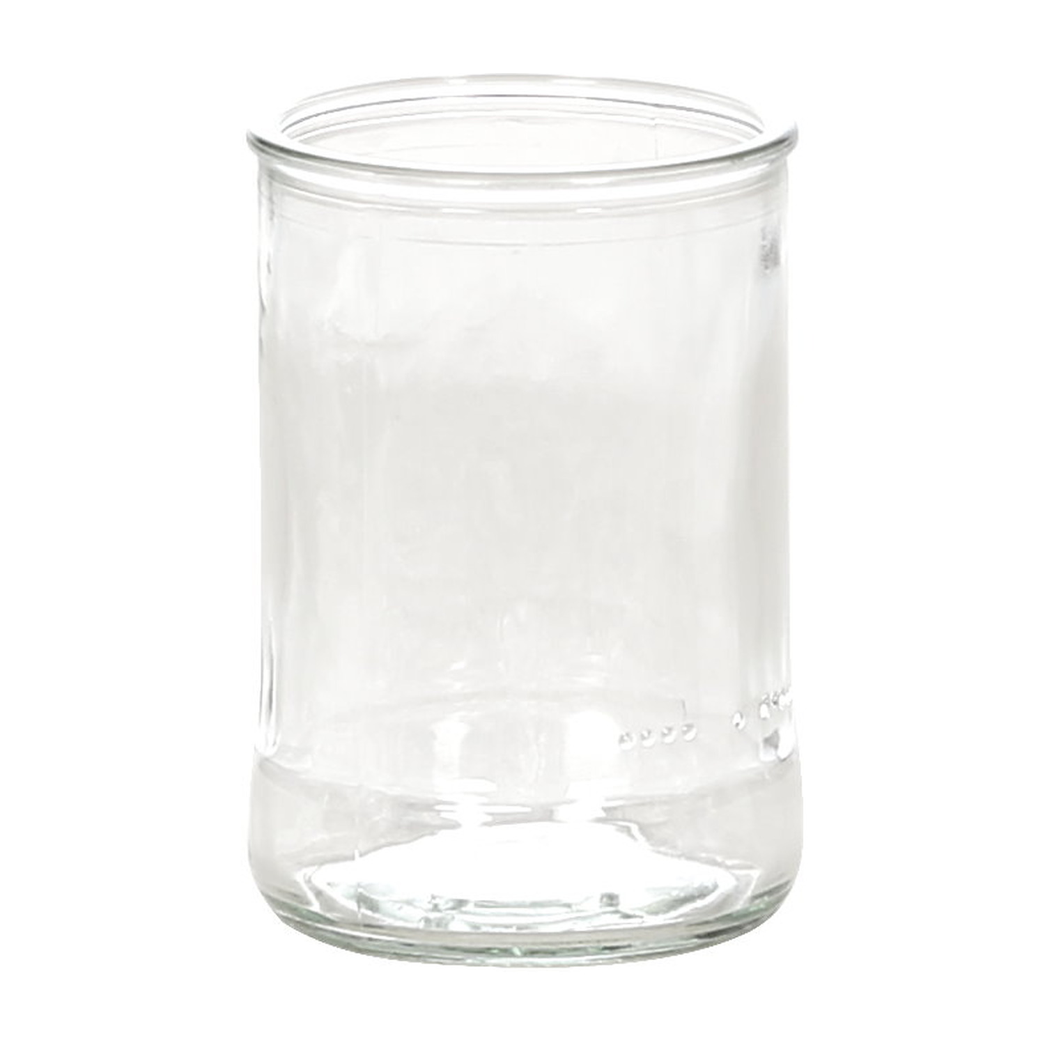 Großes Teelichtglas aus klarem Glas, leer, 100 mm hoch, mit leicht verdicktem Rand und dickem Boden auf weißem Hintergrund