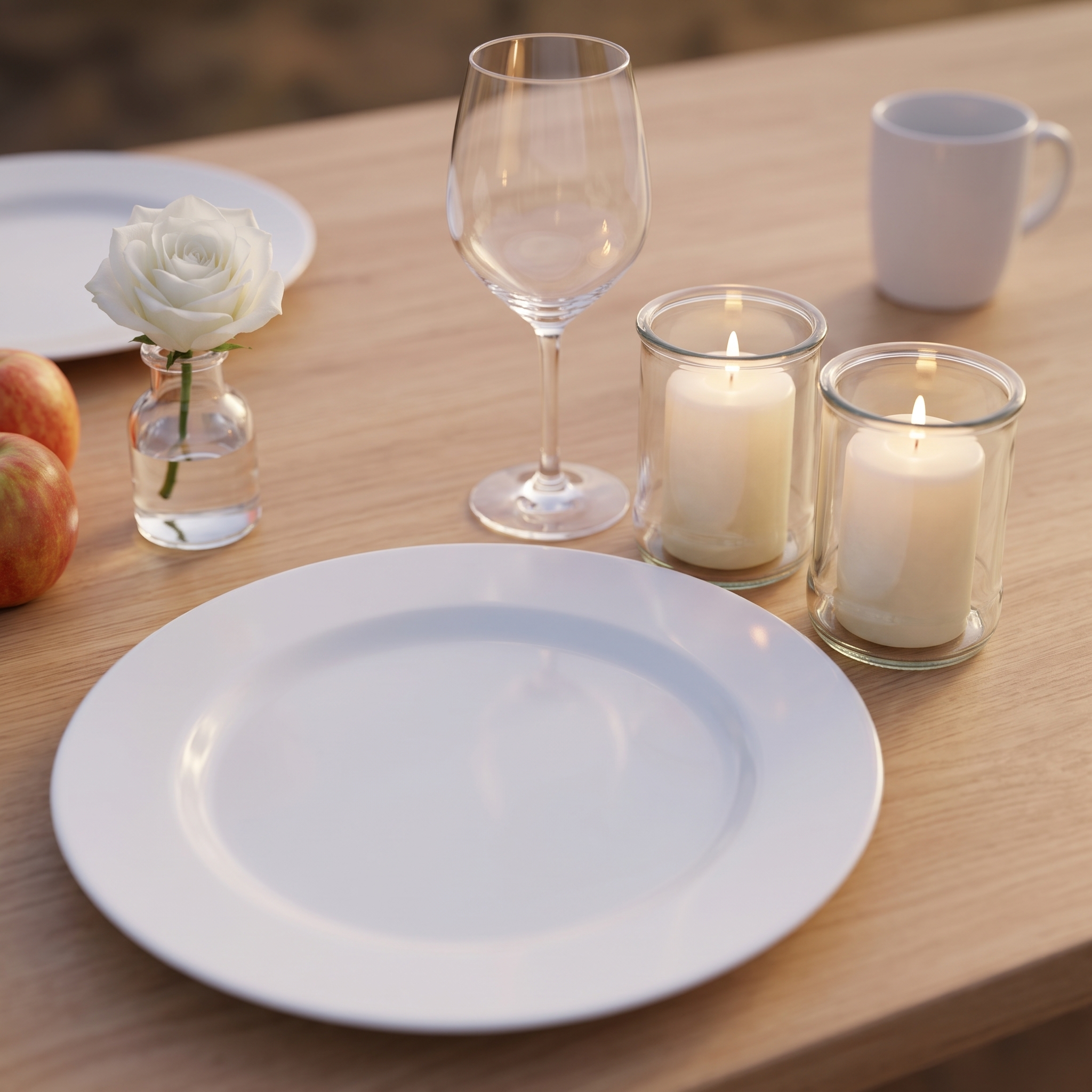 Zwei große Teelichtgläser mit brennenden weißen Stumpenkerzen auf einem gedeckten Tisch neben Teller, Weinglas und weißer Rose