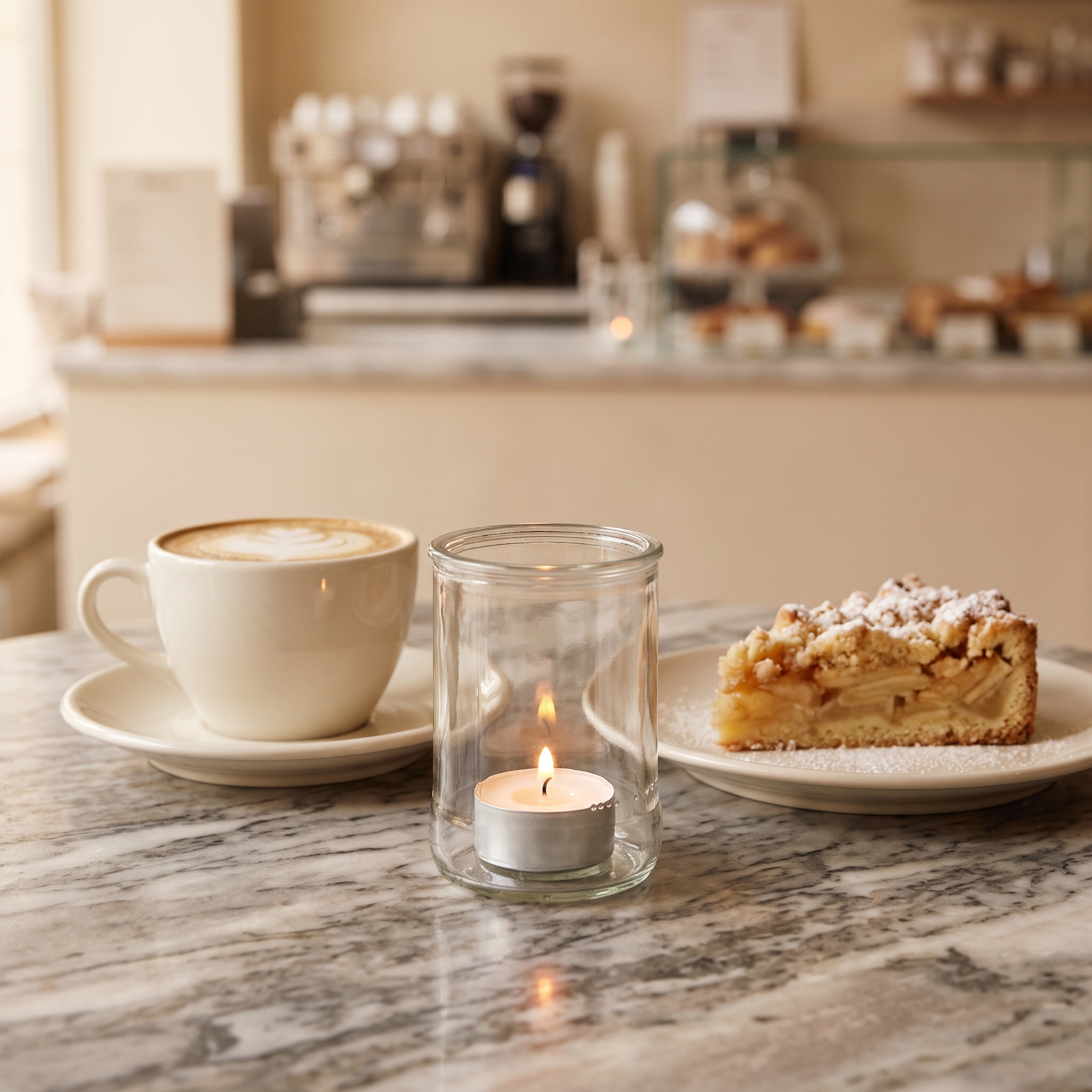 Großes Windlicht-Glas mit brennendem Teelicht auf einem Marmortisch im Café, flankiert von einem Latte-Art-Kaffee und einem Stück Apfelkuchen mit Puderzucker.