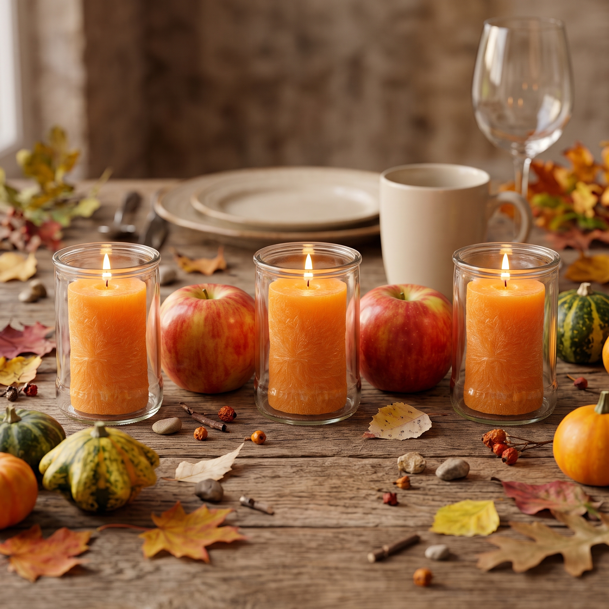 Drei große Teelichtgläser mit brennenden orangefarbenen Stumpenkerzen auf einem rustikalen Holztisch, dekoriert mit roten Äpfeln, Herbstblättern, Zierkürbissen und Beeren als herbstliche Tischdekoration.