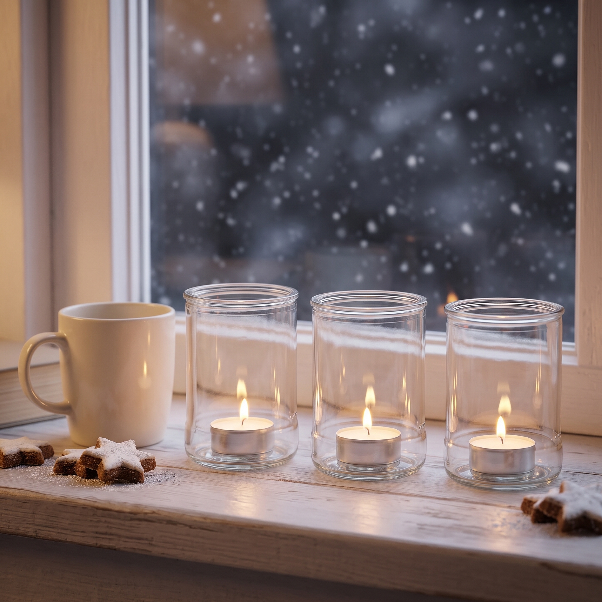 Drei große Teelichtgläser aus klarem Glas mit brennenden Teelichtern auf einer Fensterbank, daneben eine Tasse und Zimtsterne, draußen Schneefall