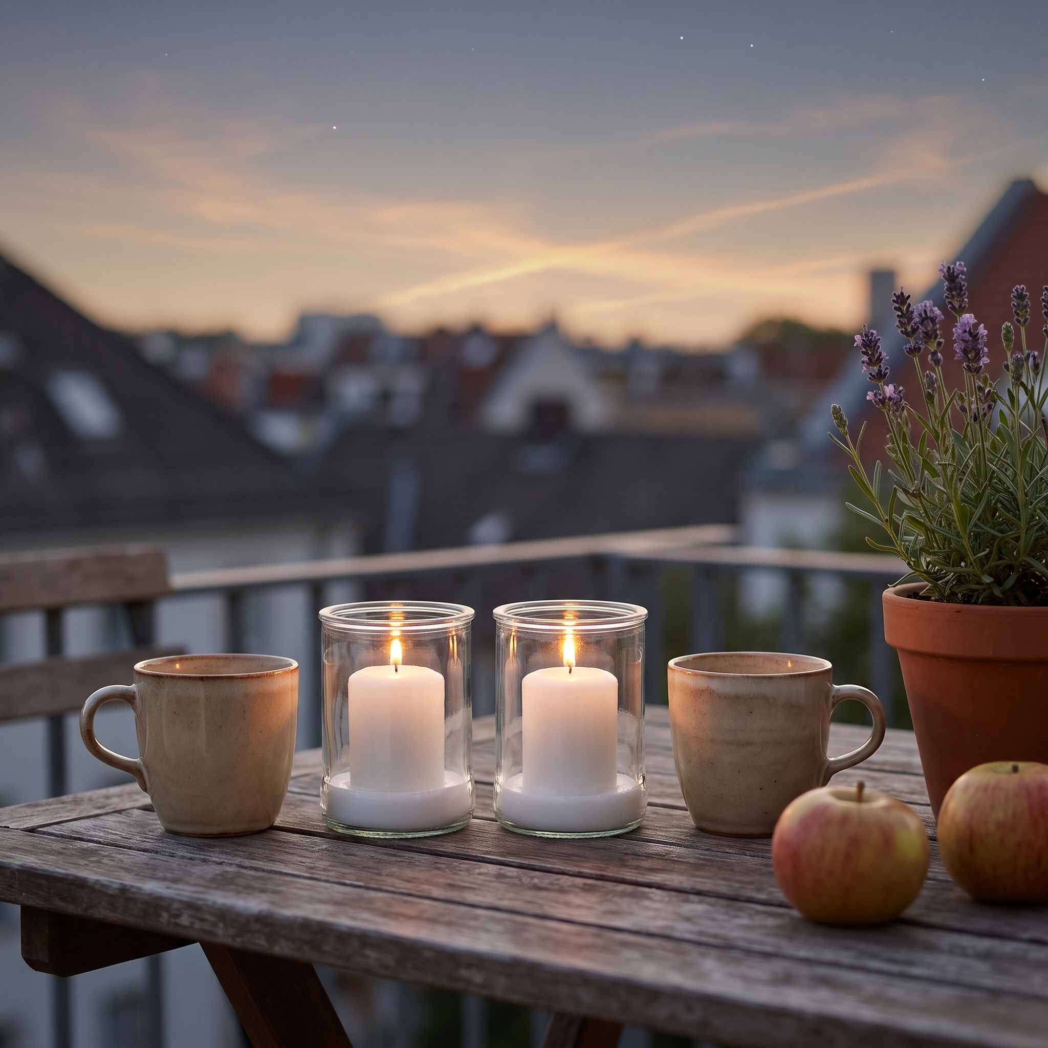 Zwei große Windlicht-Gläser mit brennenden weißen Stumpenkerzen auf einem Holztisch auf einem Balkon bei Abenddämmerung, flankiert von zwei Steinzeug-Tassen, roten Äpfeln und einem Lavendel-Topf vor einer Stadtsilhouette.