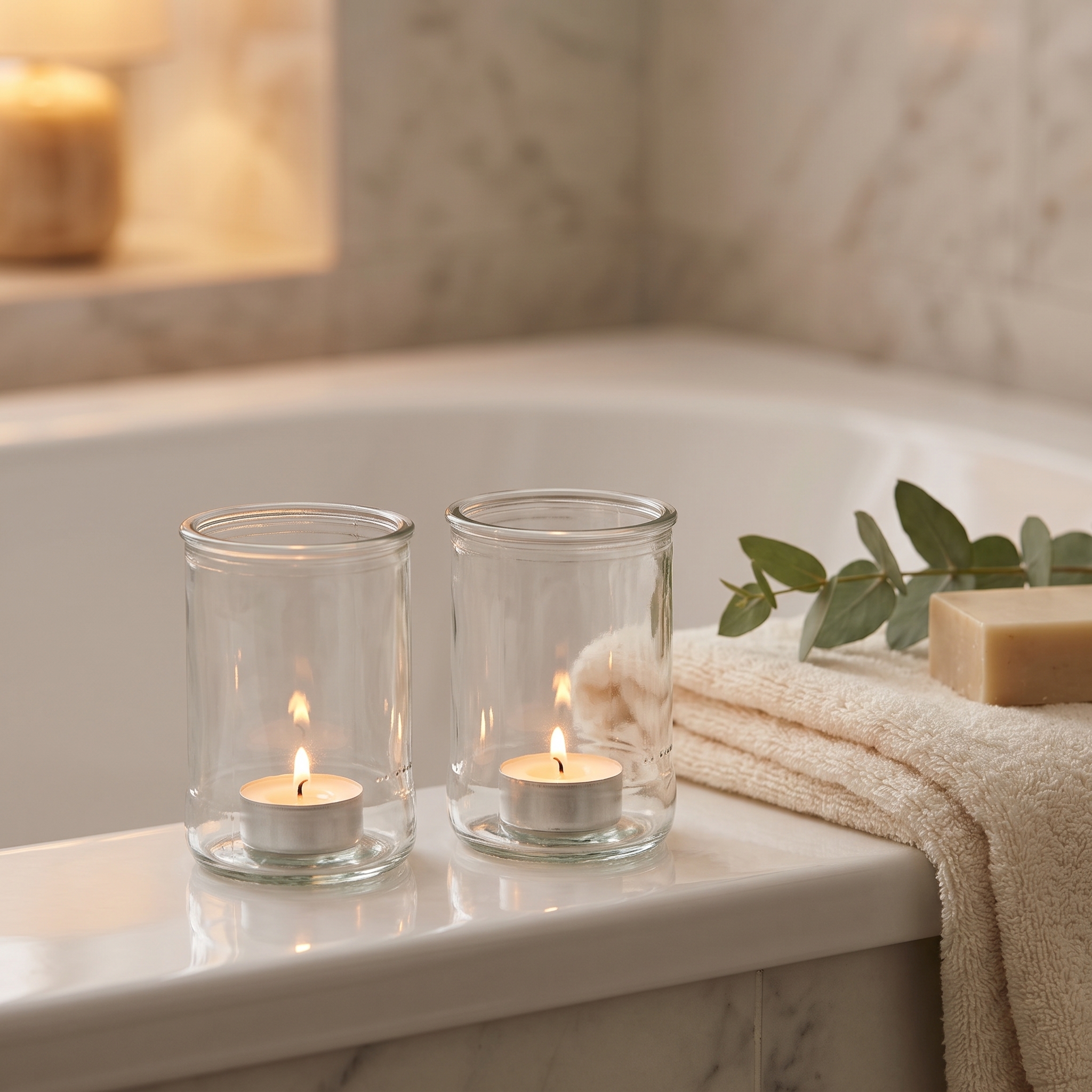 Zwei große Teelichtgläser aus klarem Glas mit brennenden Teelichtern auf dem Rand einer weißen Badewanne, daneben Handtuch, Seife und Eukalyptuszweig