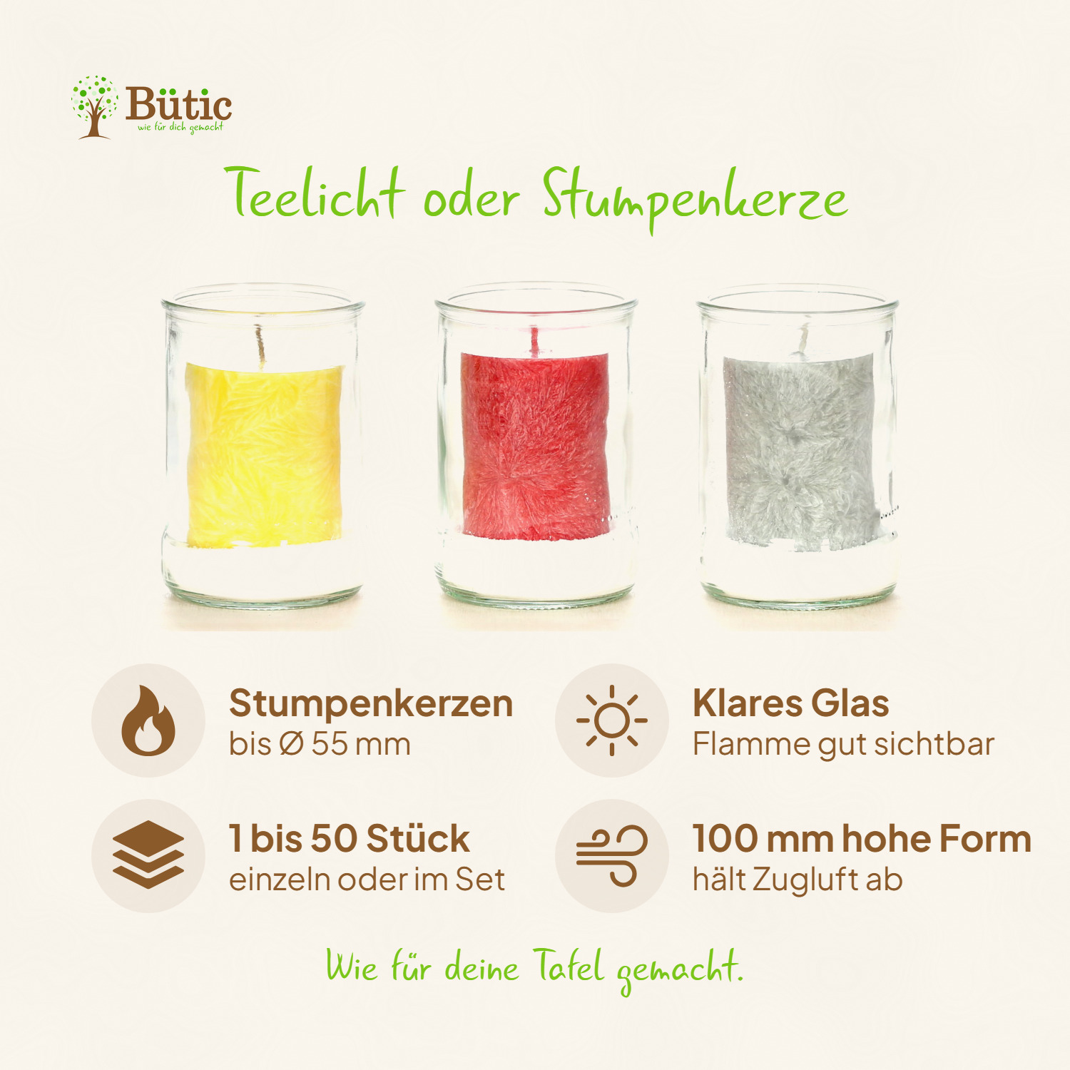 Infografik Teelichtglas groß: Stumpenkerzen bis Ø 55 mm, klares Glas, 1 bis 50 Stück, 100 mm hohe Form