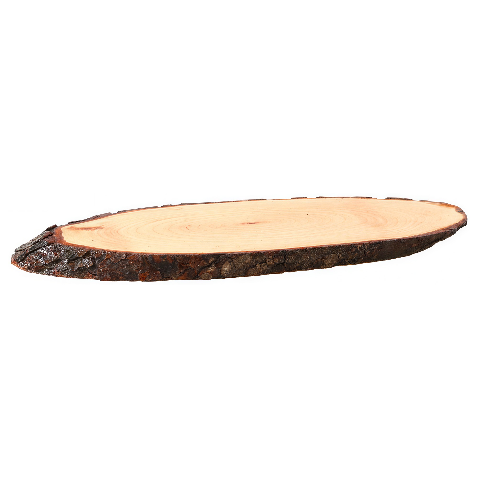 Ovales Rindenbrett aus hellem Holz mit natürlicher dunkler Baumrinde am Rand, Jahresringe auf der glatten Oberfläche sichtbar, leicht geschwungene Form
