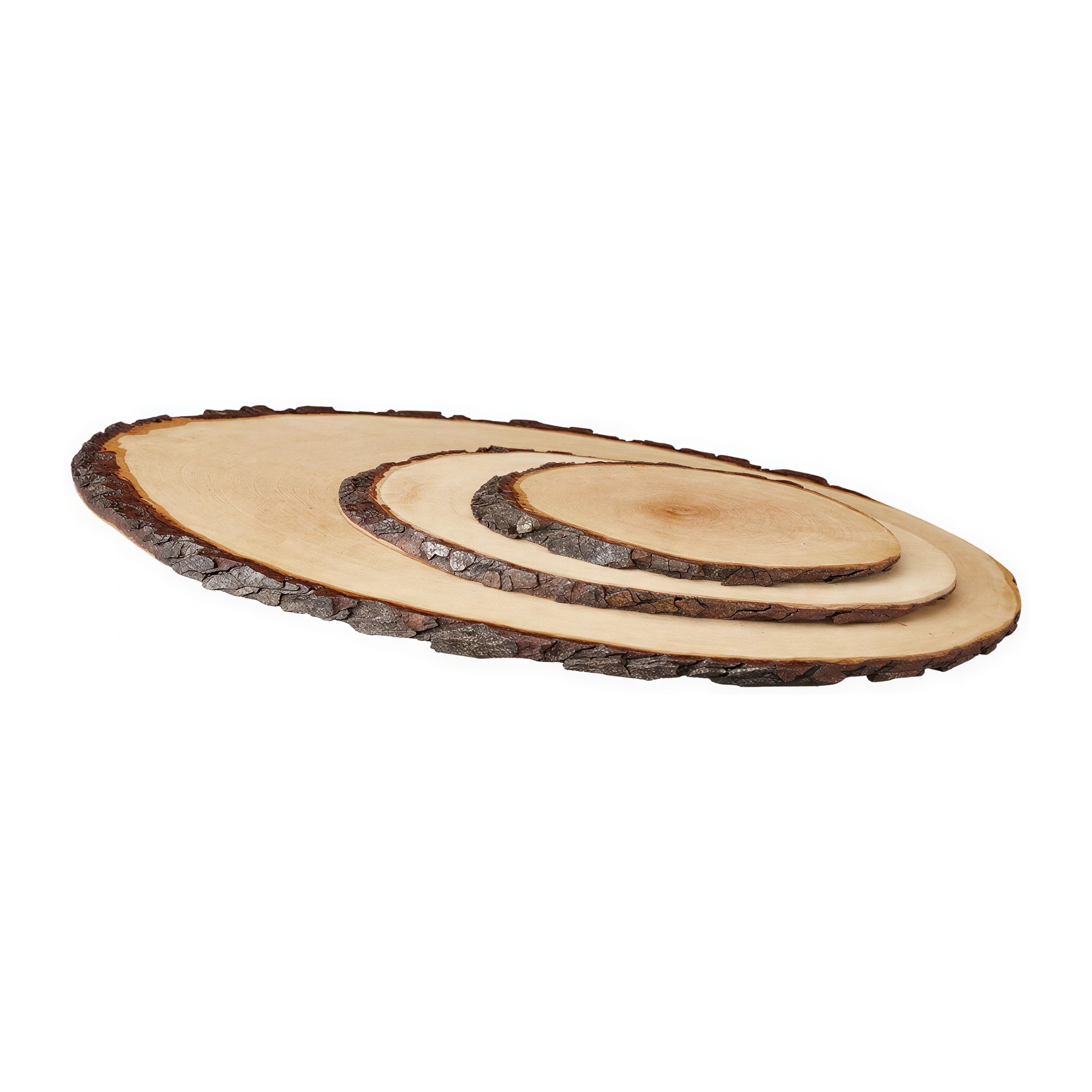 Drei ovale Holzscheiben aus Esche oder Erle mit naturbelassener Rinde, in aufsteigender Größe gestaffelt dargestellt