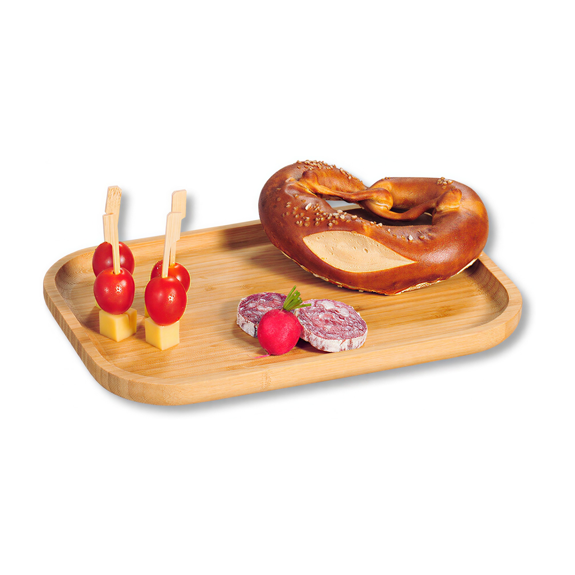 Tablett aus Bambus mit Häppchen und Brezn