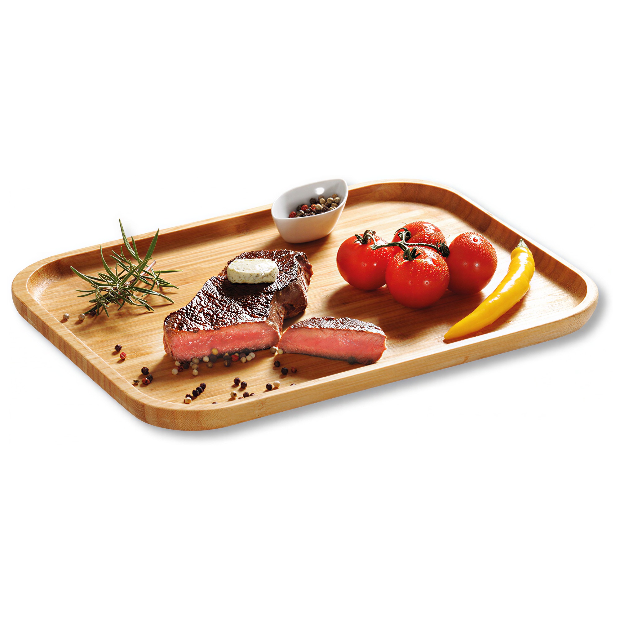 Tablett aus Bambus mit Steak und Tomaten