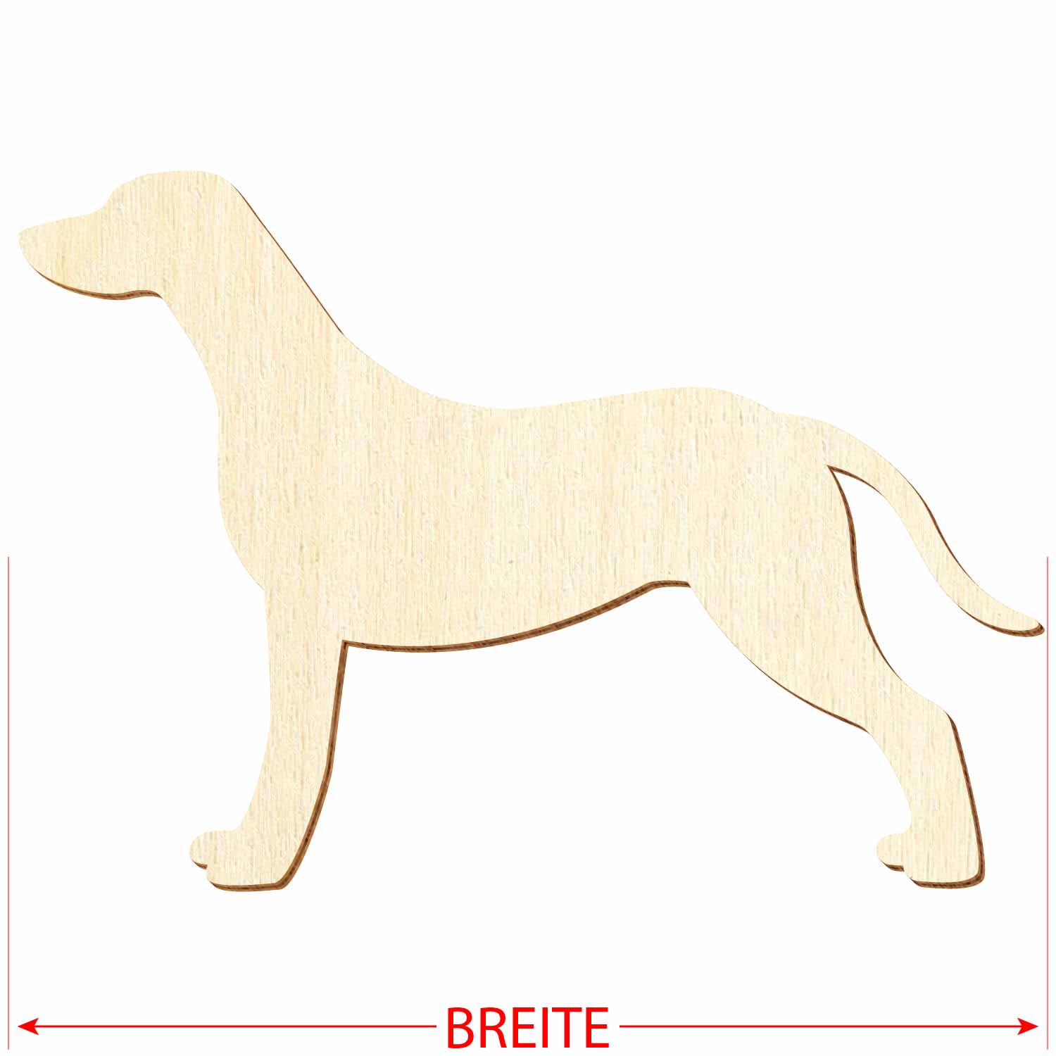 Dalmatiner-Silhouette aus Sperrholz mit Hinweis auf das Referenzmaß "Breite"