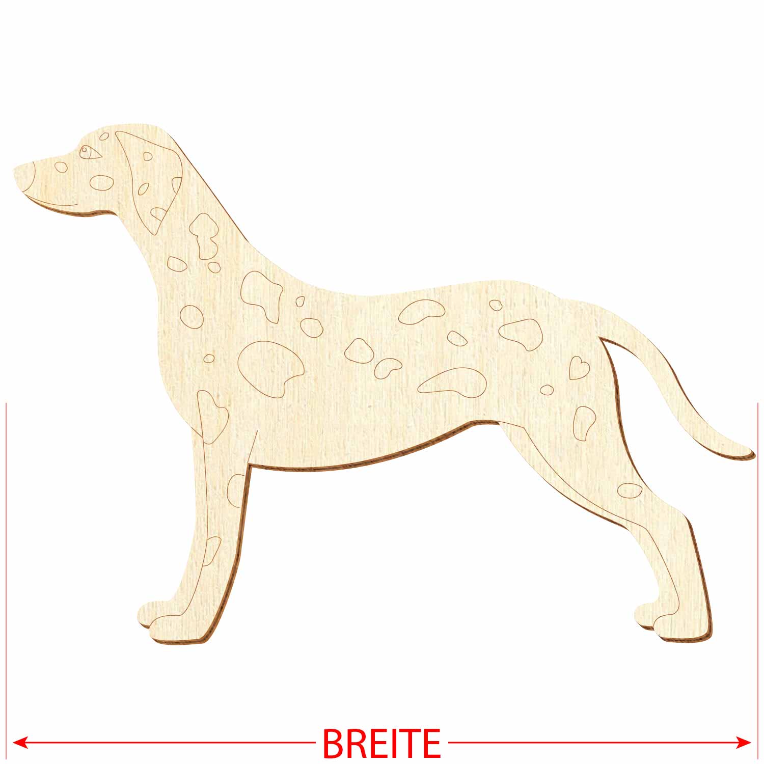Dalmatiner mit Konturanschnitt aus Sperrholz mit Hinweis auf das Referenzmaß "Breite"