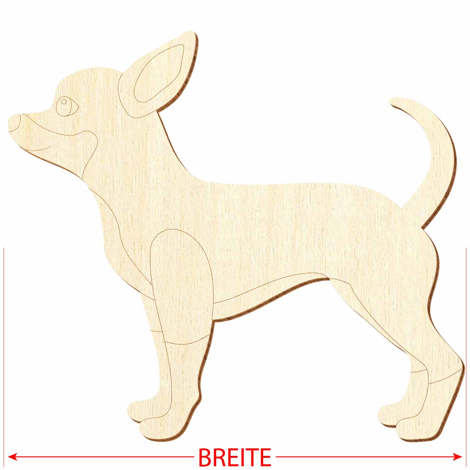 Chihuahua mit Konturanschnitt aus Sperrholz mit Hinweis auf das Referenzmaß "Breite"