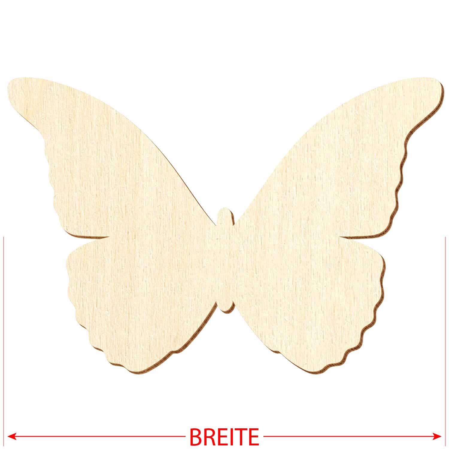 Schmetterling-Silhouette aus Sperrholz mit Hinweis auf das Referenzmaß "Breite"