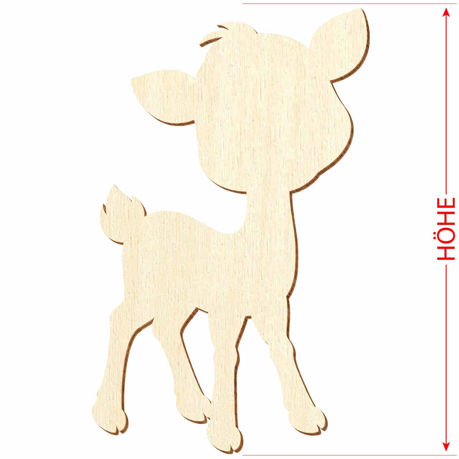 Rehkitz-Silhouette aus Sperrholz mit Hinweis auf das Referenzmaß "Höhe"