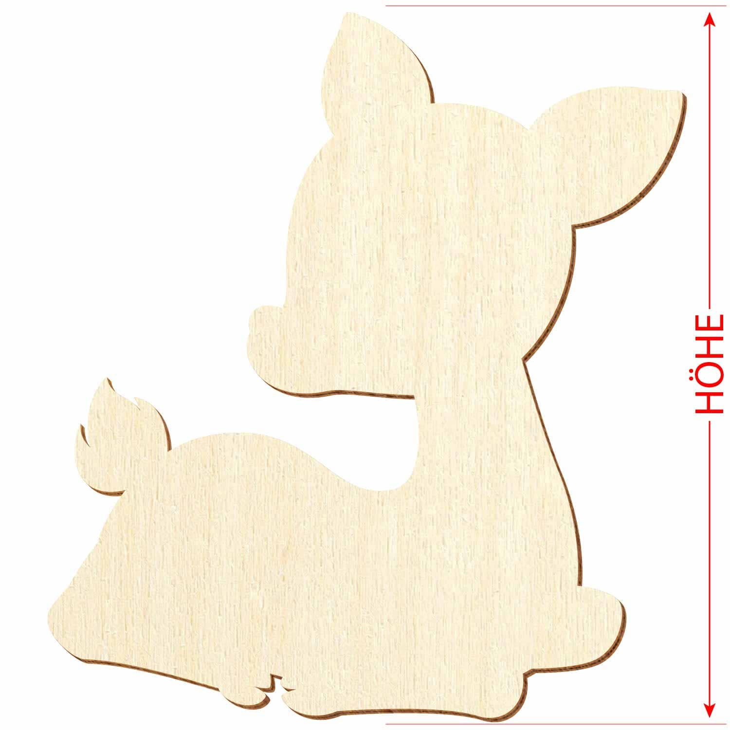 Silhouette eines liegenden Rehkitzes aus Sperrholz mit Hinweis auf das Referenzmaß "Höhe"