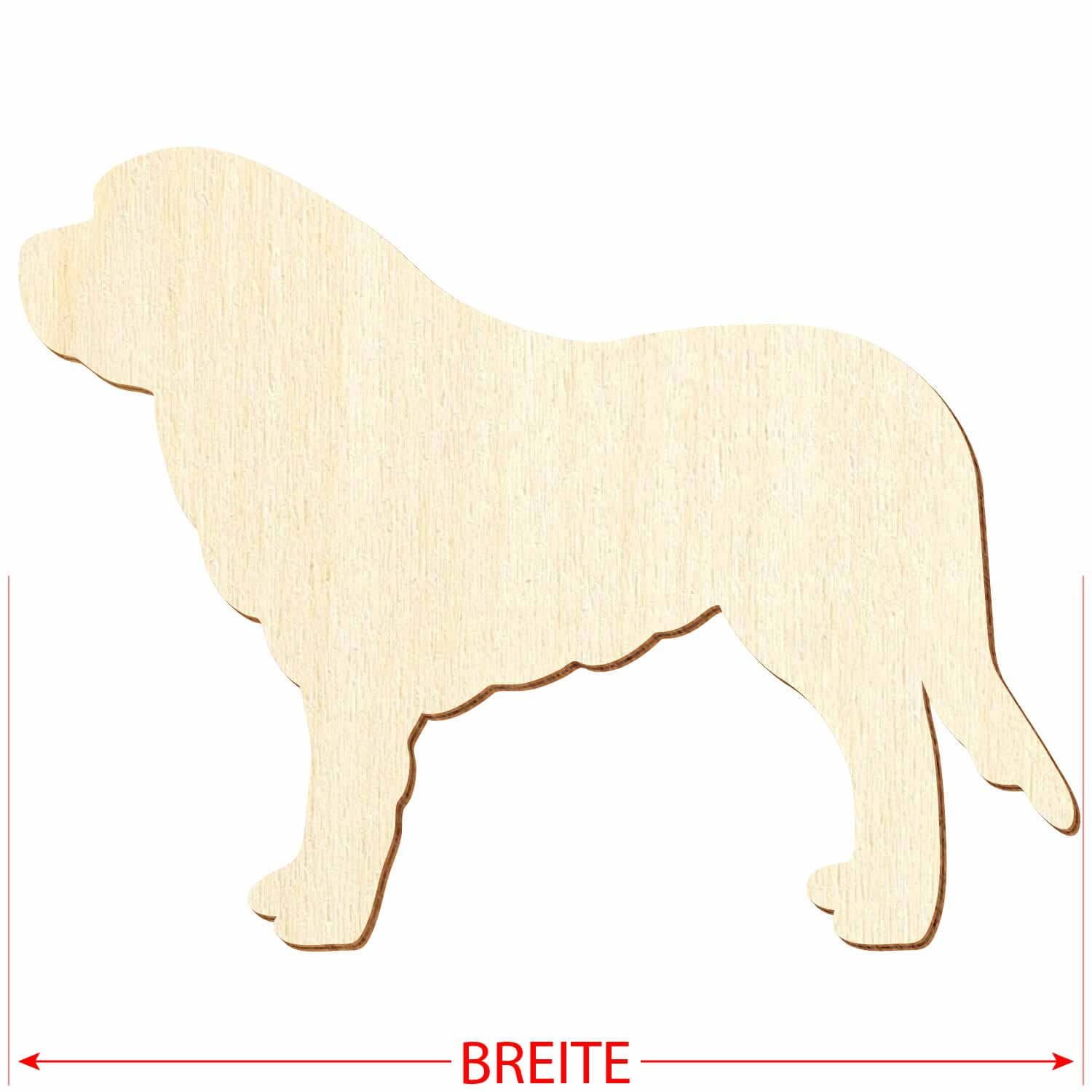 Bernhardiner-Silhouette aus Sperrholz mit Hinweis auf das Referenzmaß "Breite"