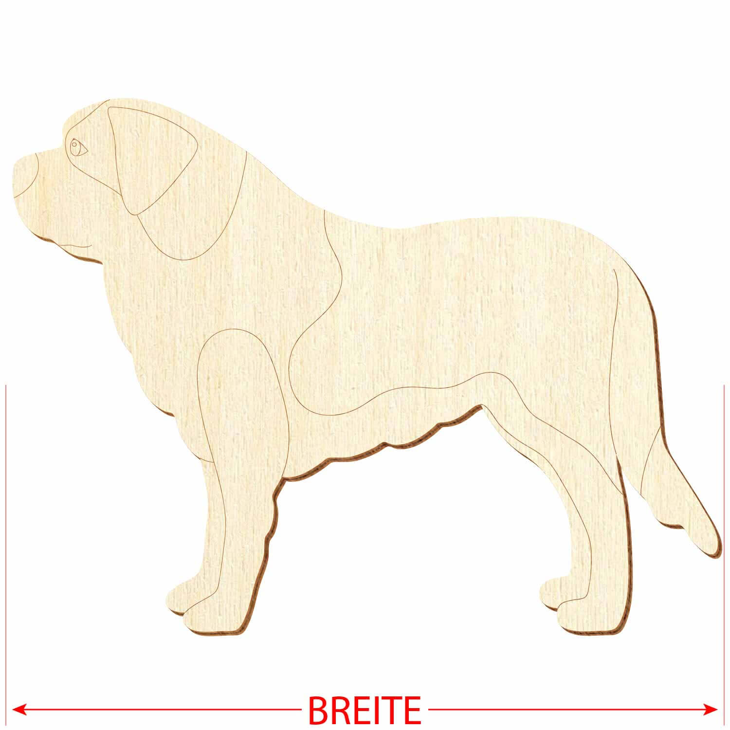 Bernhardiner mit Konturanschnitt aus Sperrholz mit Hinweis auf das Referenzmaß "Breite"