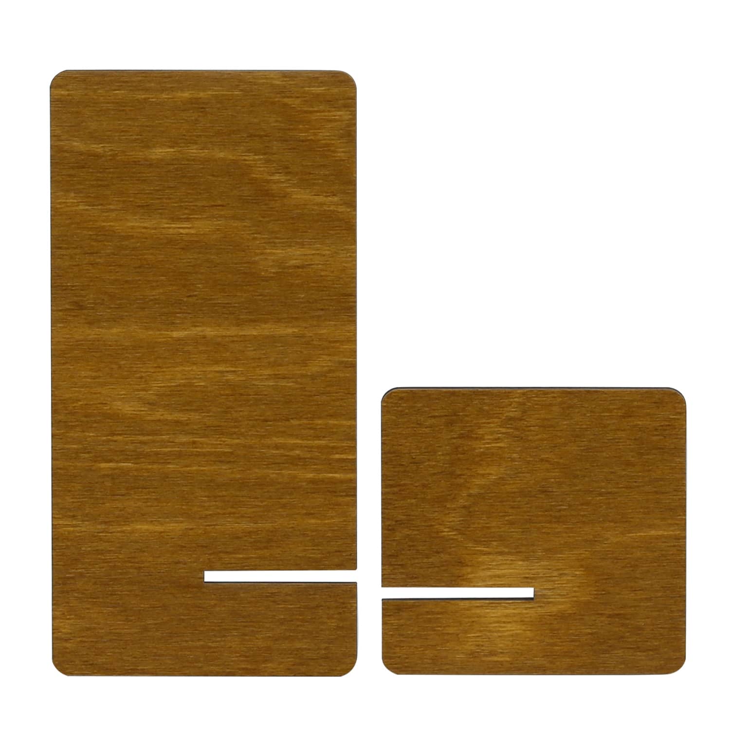 zwei Einzelteile des Handyhalters in der Farbe Teak