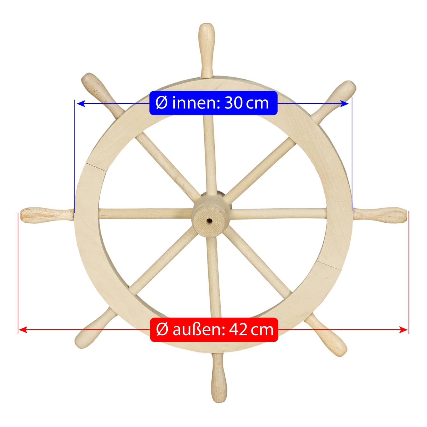 Steuerrad aus Lindenholz mit Größenangabe Ø außen 42 cm, Ø innen 30 cm