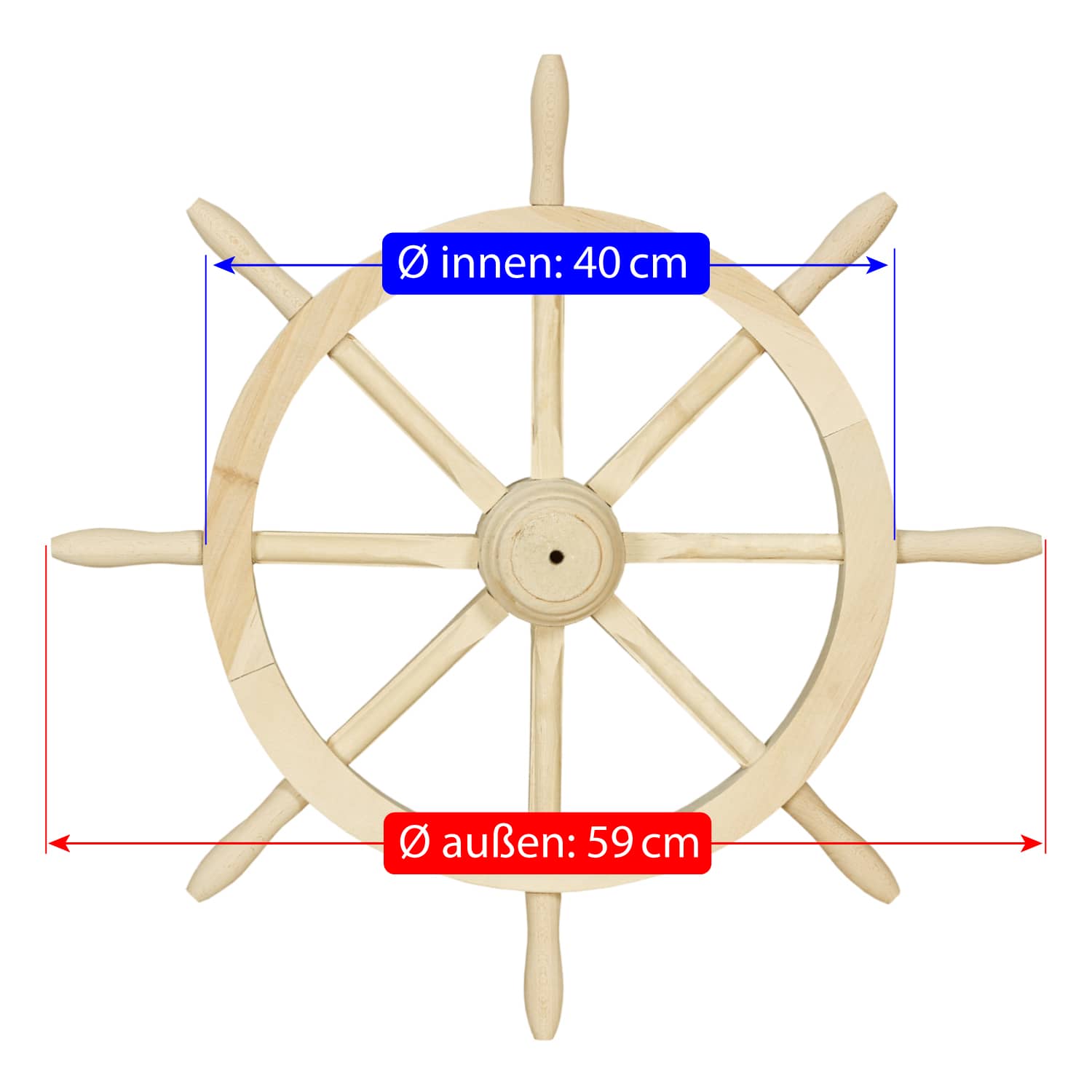 Steuerrad aus Lindenholz mit Größenangabe Ø außen 59 cm, Ø innen 40 cm