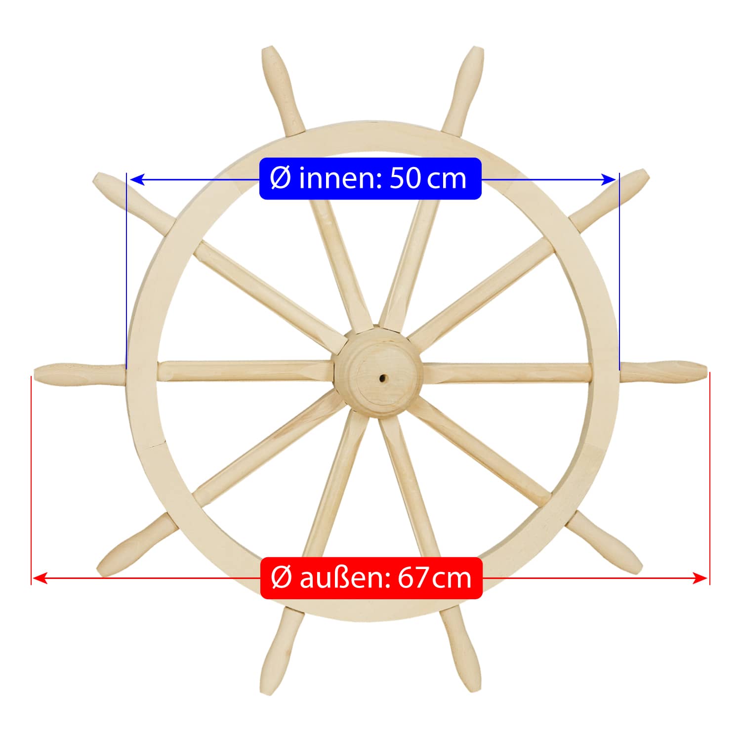 Steuerrad aus Lindenholz mit Größenangabe Ø außen 67 cm, Ø innen 50 cm