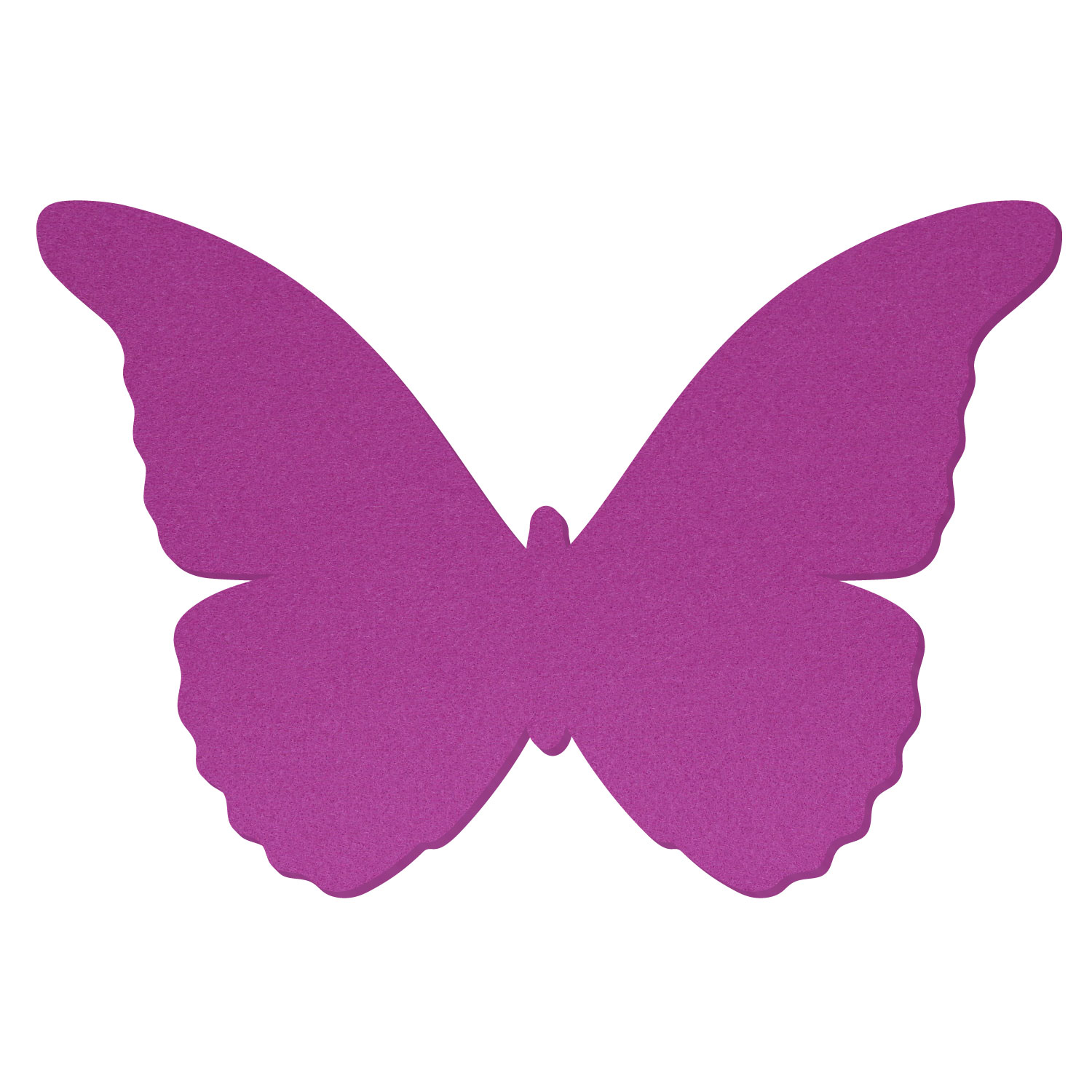 Pinker Filz-Schmetterling mit geschwungenen Flügeln und gewellten Flügelrändern, freigestellt auf weißem Hintergrund