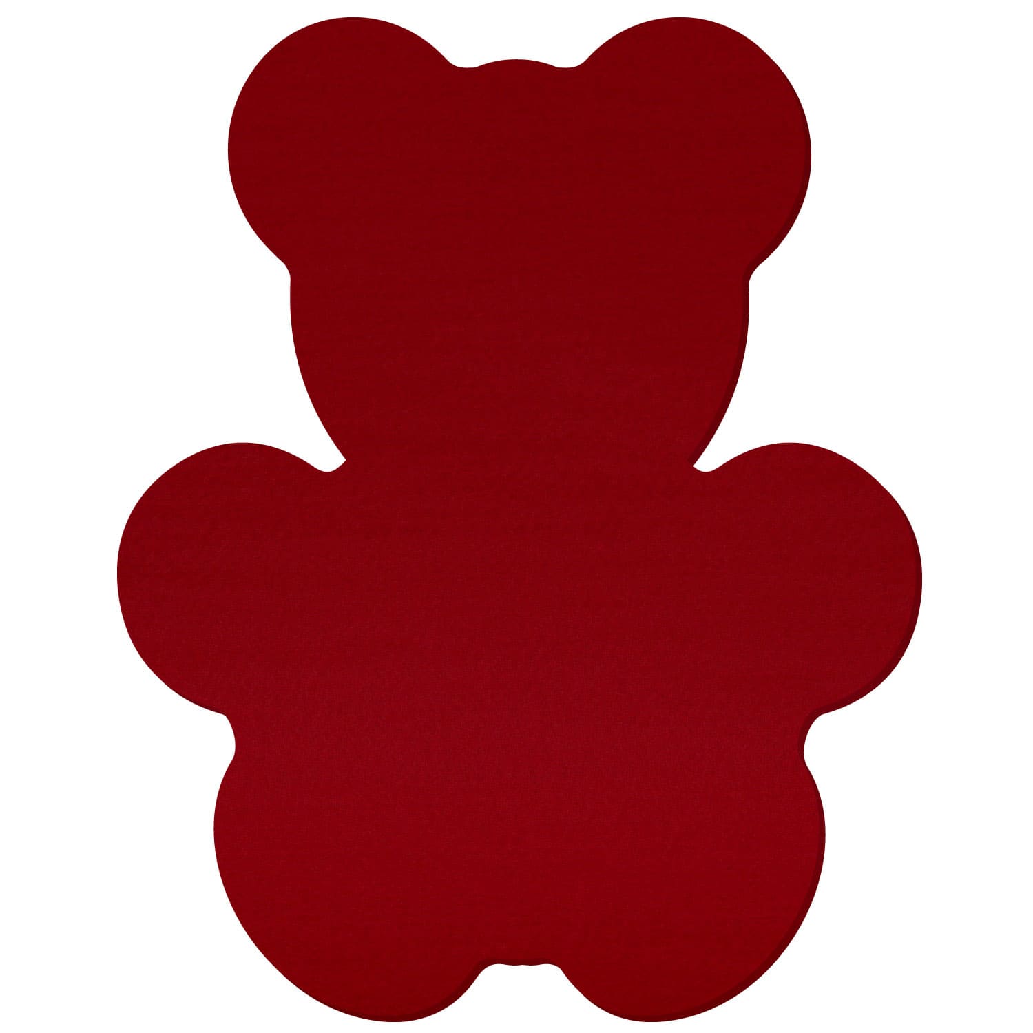 Dunkelroter Teddybär aus Filz in einfacher, flacher Silhouette mit runden Ohren, Armen und Beinen auf weißem Hintergrund
