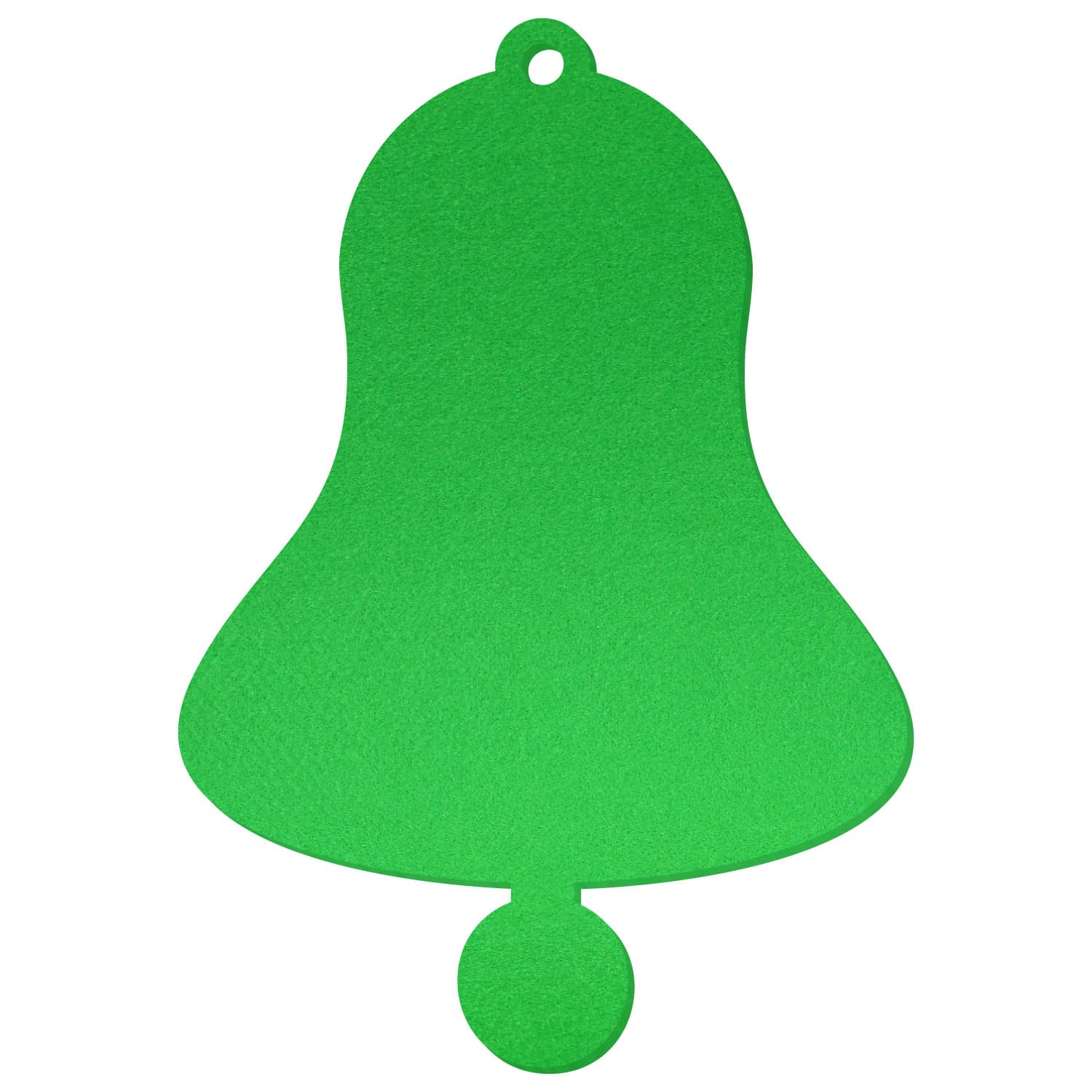 Hellgrüne Filz-Glocke mit kleiner runder Öse oben und Klöppel unten, flache Silhouette auf weißem Hintergrund